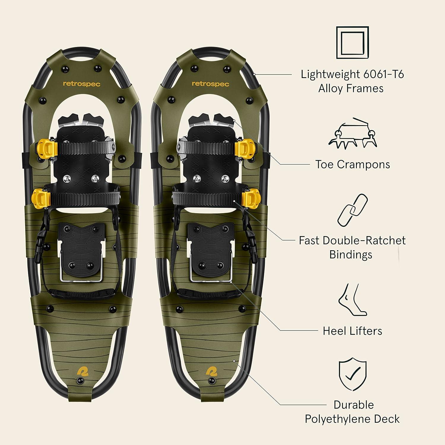 Retrospec Drifter Snowshoes for Women & Men – Lightweight Aluminum Frame Snow Shoes with Double Ratchet Binding System, Heel Lifts & Carry Bag for All Terrain Hiking & Winter Sports(Olive)