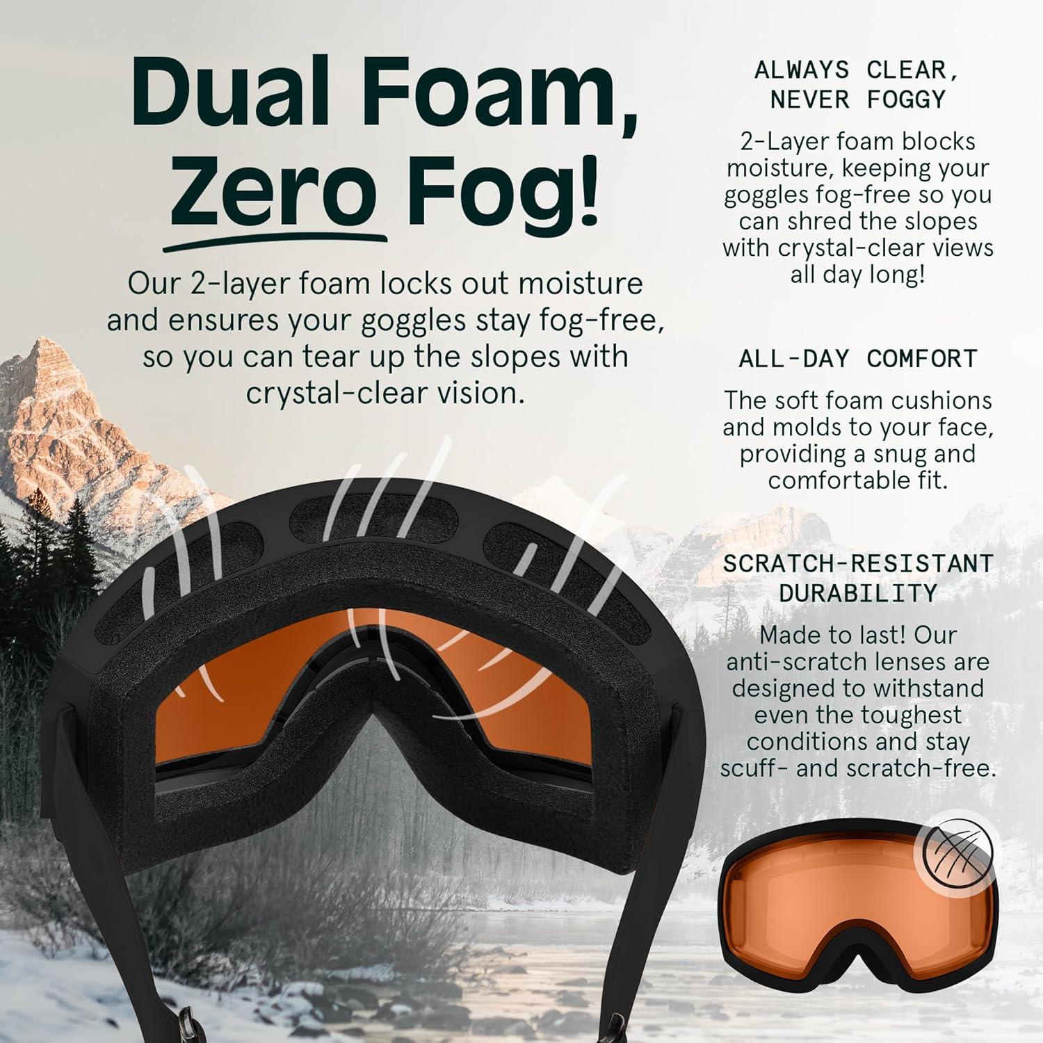 Retrospec Traverse Ski Goggles – Snowboard Goggles for Men, Women – 100% UV Protection, Anti-Fog Snow Goggles(Matte Black/Citrine)