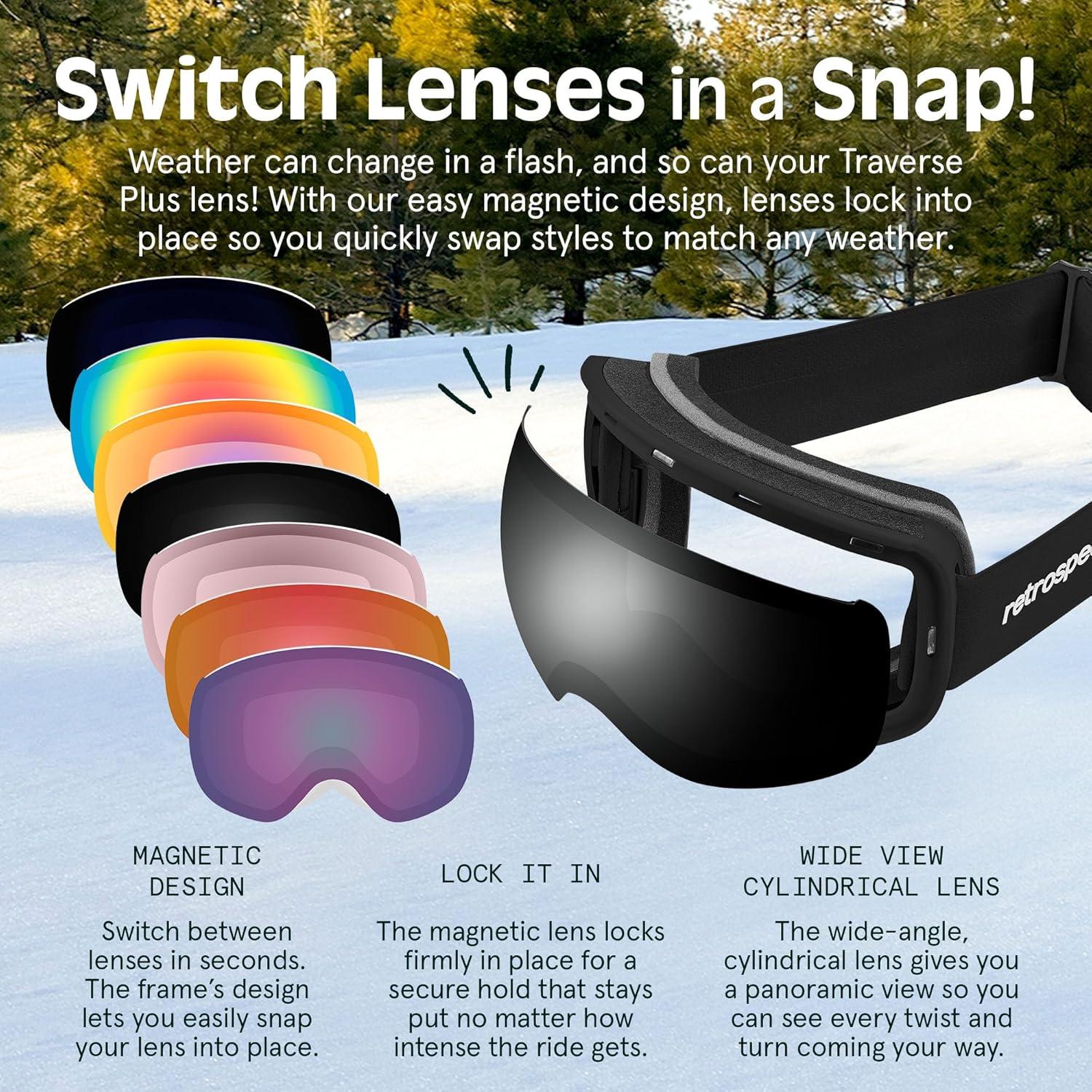 Retrospec Traverse Plus Ski & Snowboard Snow Goggles and Interchangeble Lenses for Men and Women, Anti-Fog and OTG Design(Matte Black/Mirror Polarized)