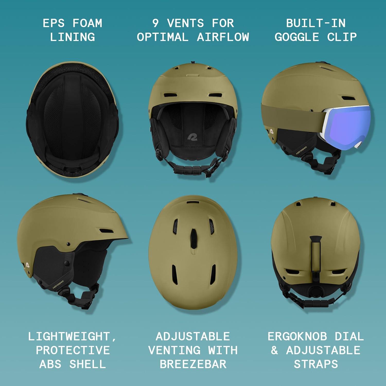 Retrospec Zephyr Ski Helmet – Snowboard Helmet for Adults & Youth with Adjustable Fit, 9 Breathable Vents, Removable Washable Earmuffs – Snow Sports Helmet for Men & Women(Matte Bonsai Green)