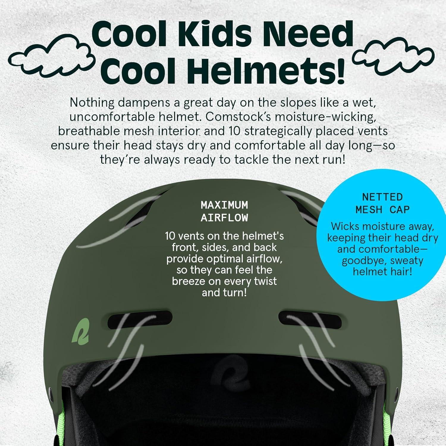 Comstock Kids Ski & Snowboard Helmet with ABS Shell, EPS Impact Protection & 10 Cooling Vents – Adjustable Winter Sports Gear, Goggle Clip(Matte Forest)