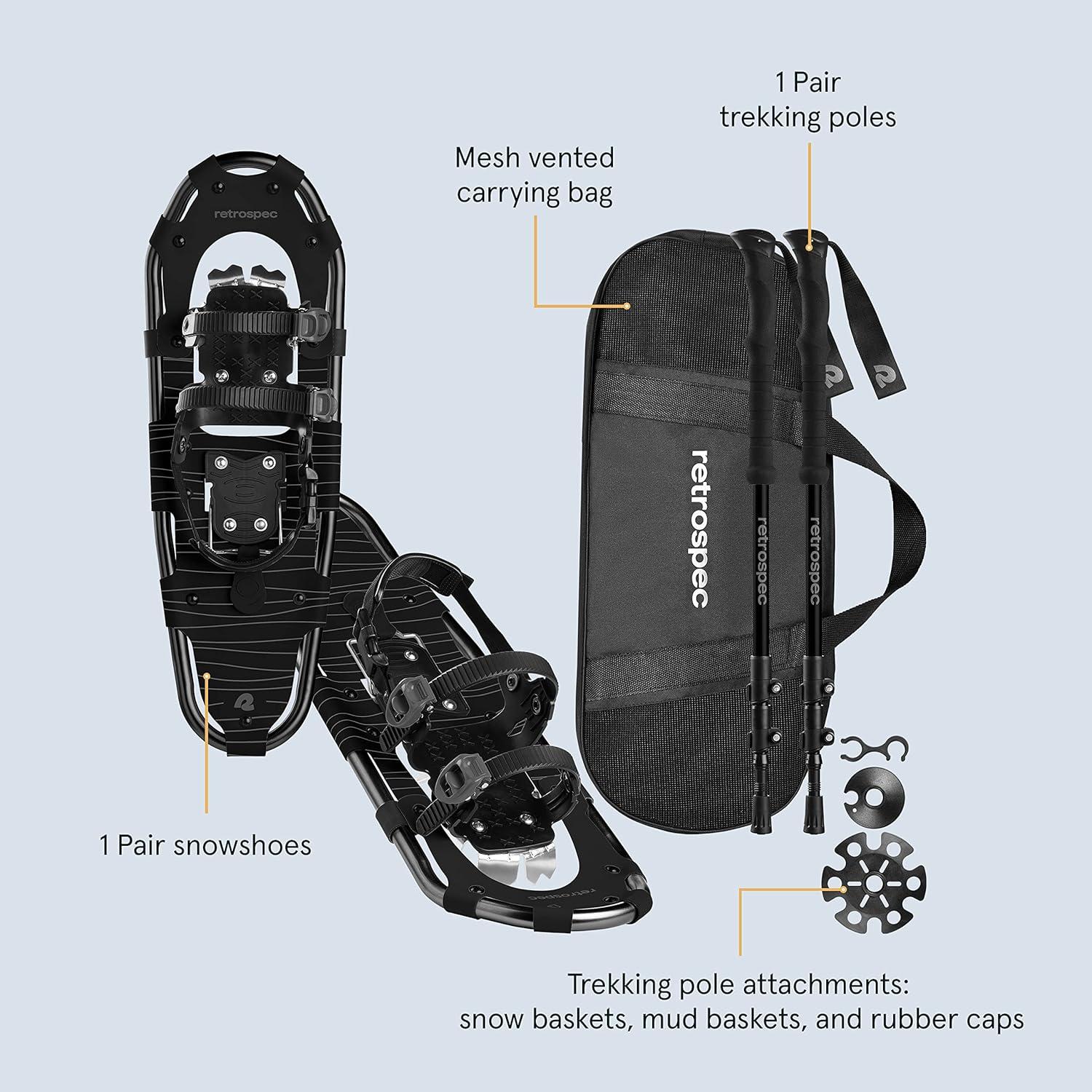 Retrospec Drifter Snowshoes & Trekking Poles Bundle with Adjustable Bindings – Lightweight Aluminum Snow Shoes for Women & Men – All Terrain Hiking & Winter Sports(Black Ice)