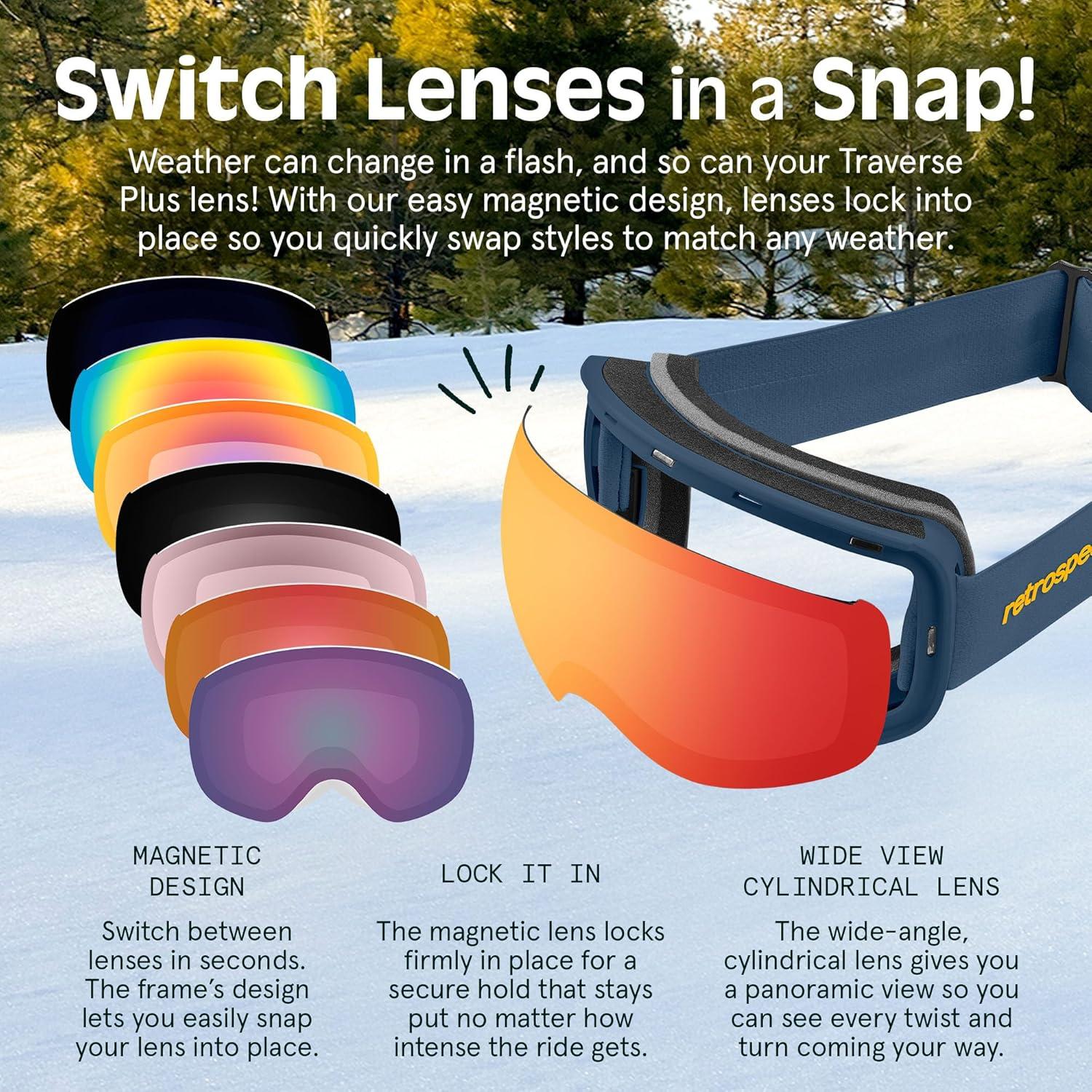 Retrospec Traverse Plus Ski & Snowboard Snow Goggles and Interchangeble Lenses for Men and Women, Anti-Fog and OTG Design(Matte Navy/Jasper)