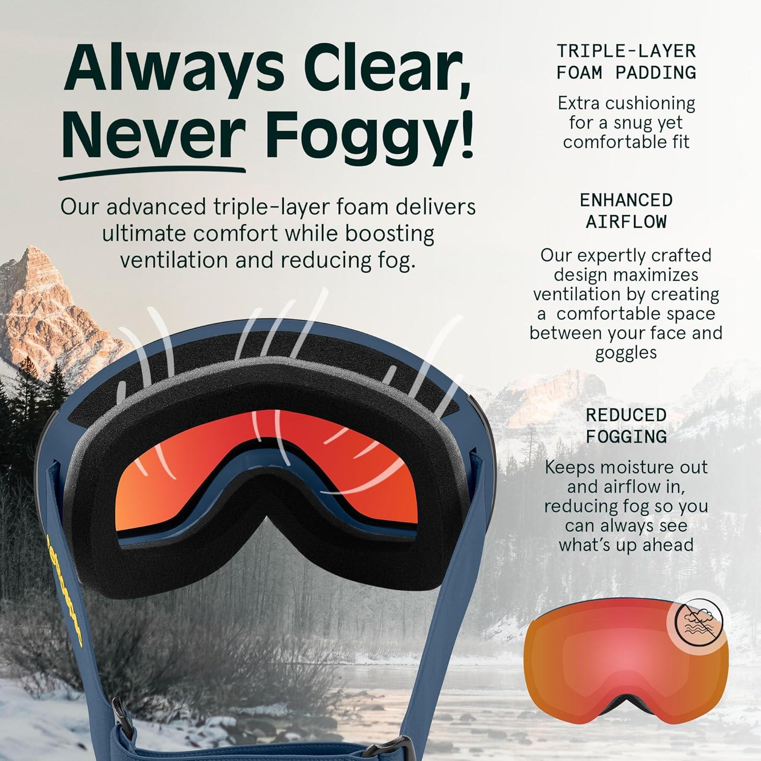 Retrospec Traverse Plus Ski & Snowboard Snow Goggles and Interchangeble Lenses for Men and Women, Anti-Fog and OTG Design(Matte Navy/Jasper)