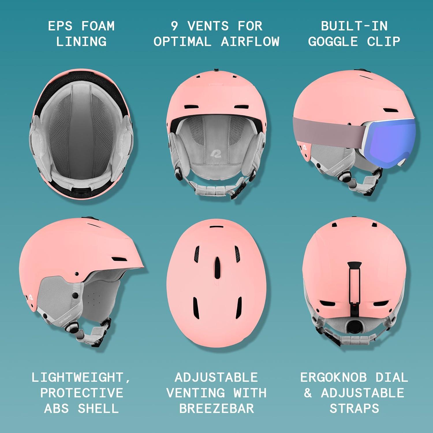 Retrospec Zephyr Ski Helmet – Snowboard Helmet for Adults & Youth with Adjustable Fit, 9 Breathable Vents, Removable Washable Earmuffs – Snow Sports Helmet for Men & Women(Matte Rose)
