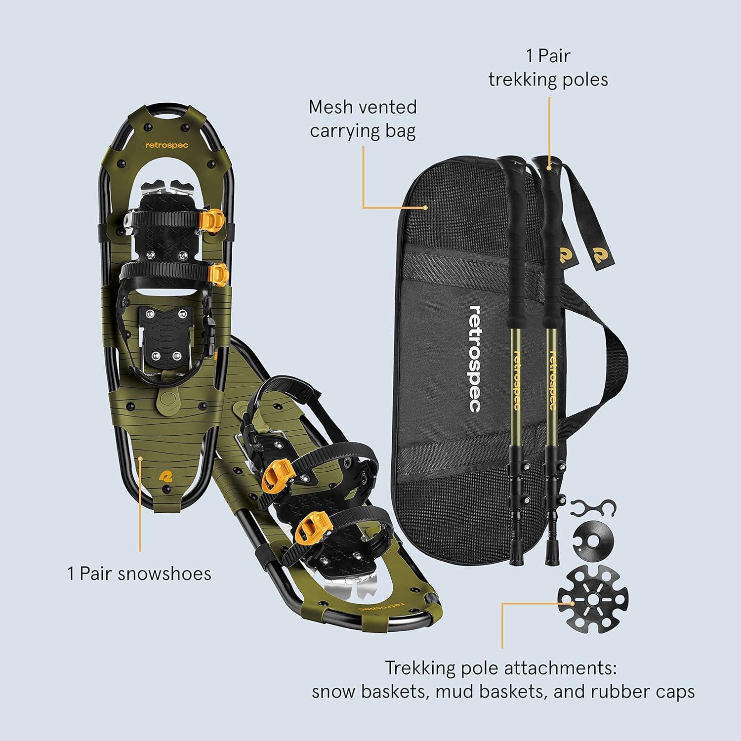 Retrospec Drifter Snowshoes & Trekking Poles Bundle with Adjustable Bindings – Lightweight Aluminum Snow Shoes for Women & Men – All Terrain Hiking & Winter Sports(Olive)