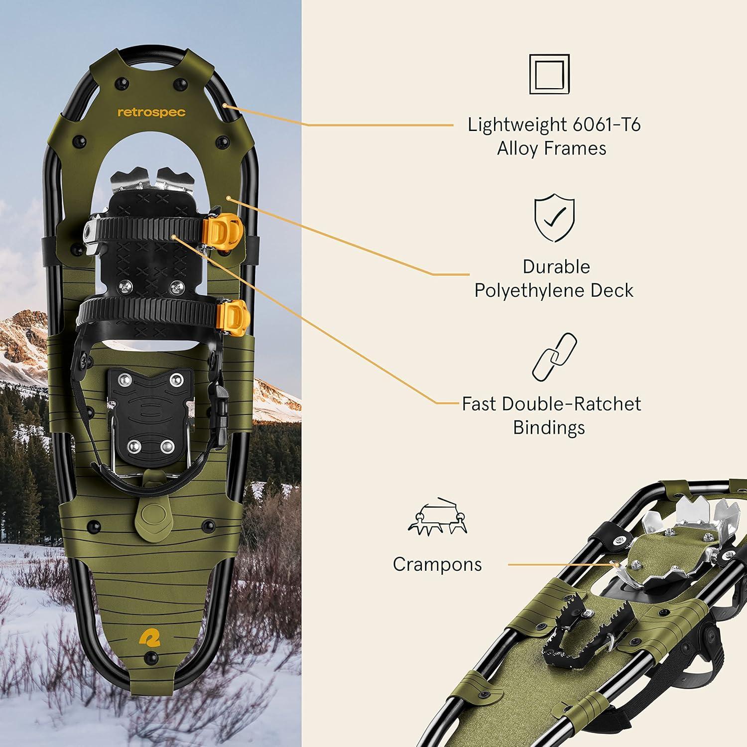 Retrospec Drifter Snowshoes & Trekking Poles Bundle with Adjustable Bindings – Lightweight Aluminum Snow Shoes for Women & Men – All Terrain Hiking & Winter Sports(Olive)