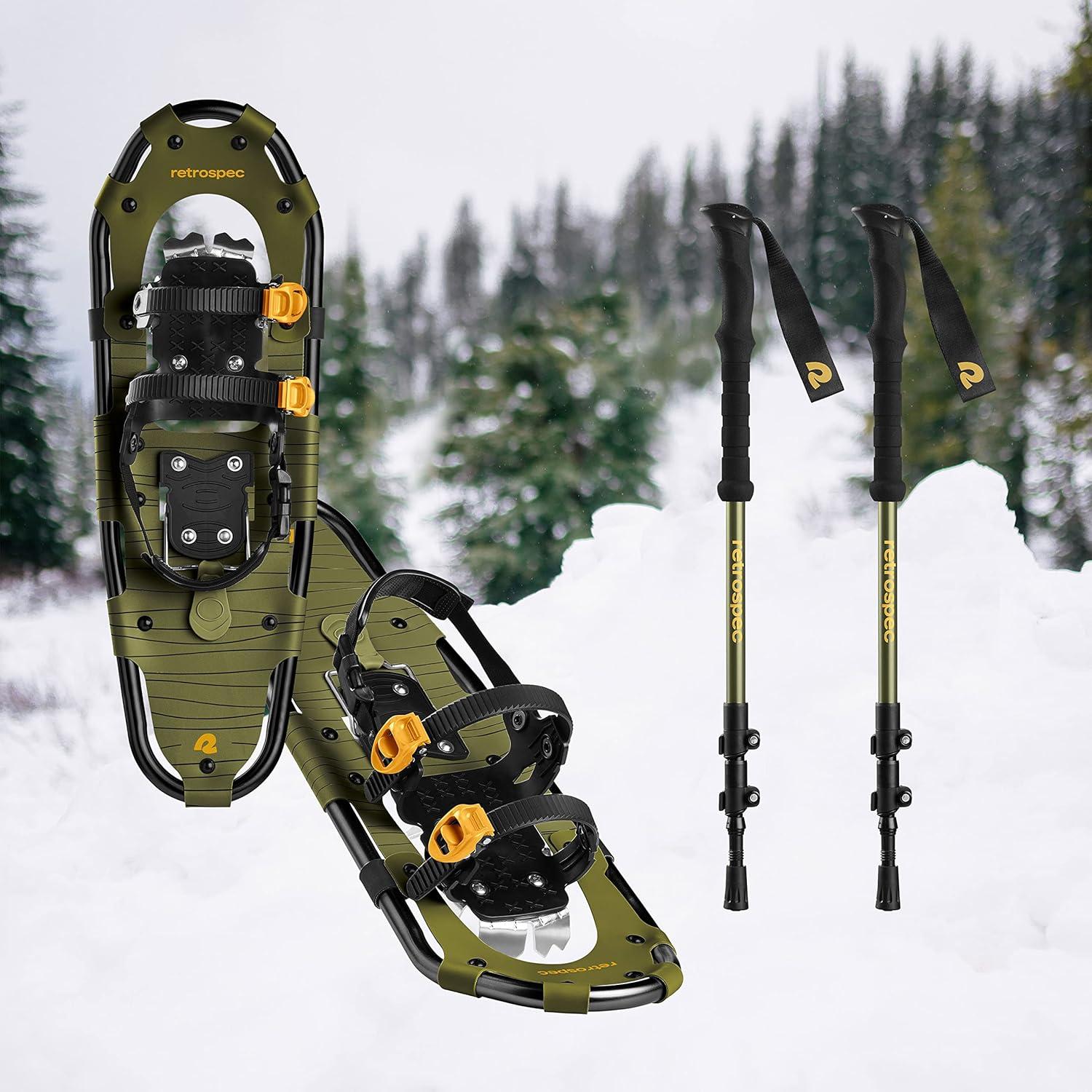 Retrospec Drifter Snowshoes & Trekking Poles Bundle with Adjustable Bindings – Lightweight Aluminum Snow Shoes for Women & Men – All Terrain Hiking & Winter Sports(Olive)