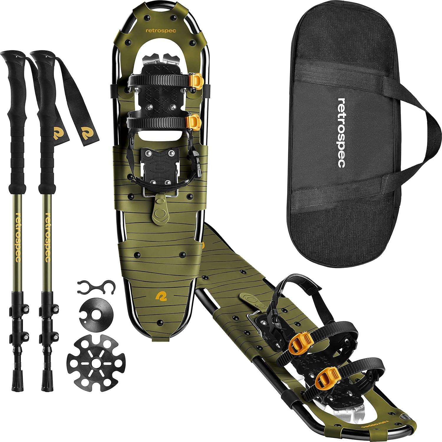 Retrospec Drifter Snowshoes & Trekking Poles Bundle with Adjustable Bindings – Lightweight Aluminum Snow Shoes for Women & Men – All Terrain Hiking & Winter Sports(Olive)