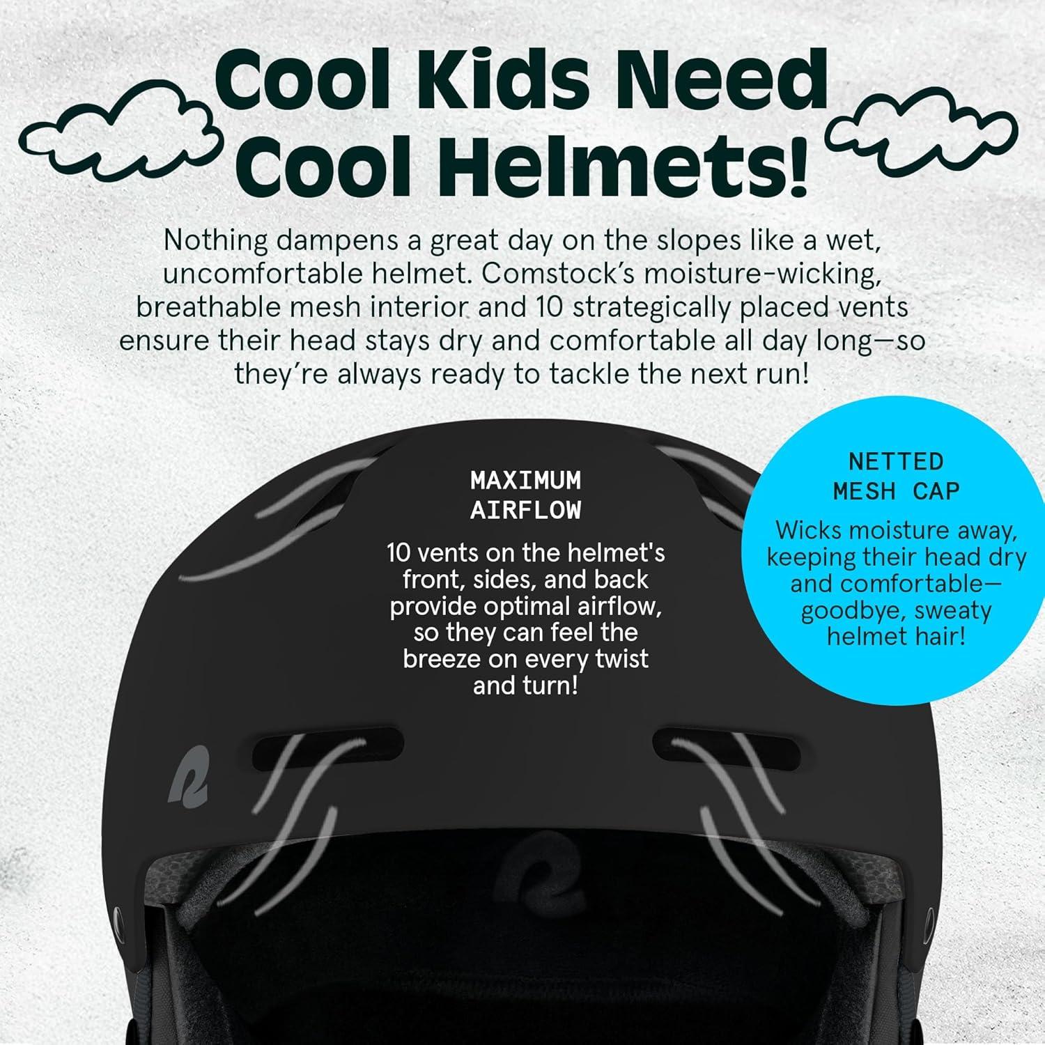 Comstock Kids Ski & Snowboard Helmet with ABS Shell, EPS Impact Protection & 10 Cooling Vents – Adjustable Winter Sports Gear, Goggle Clip(Matte Black)