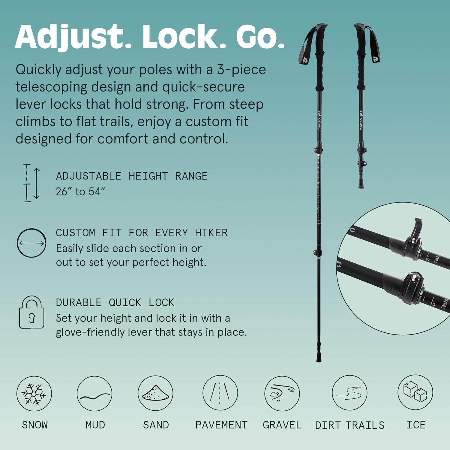 Retrospec Solstice Hiking Poles for Men & Women – Adjustable and Collapsible Lightweight Walking & Trekking Sticks – Aluminum w/Cork or Foam Grip(Matte Black)