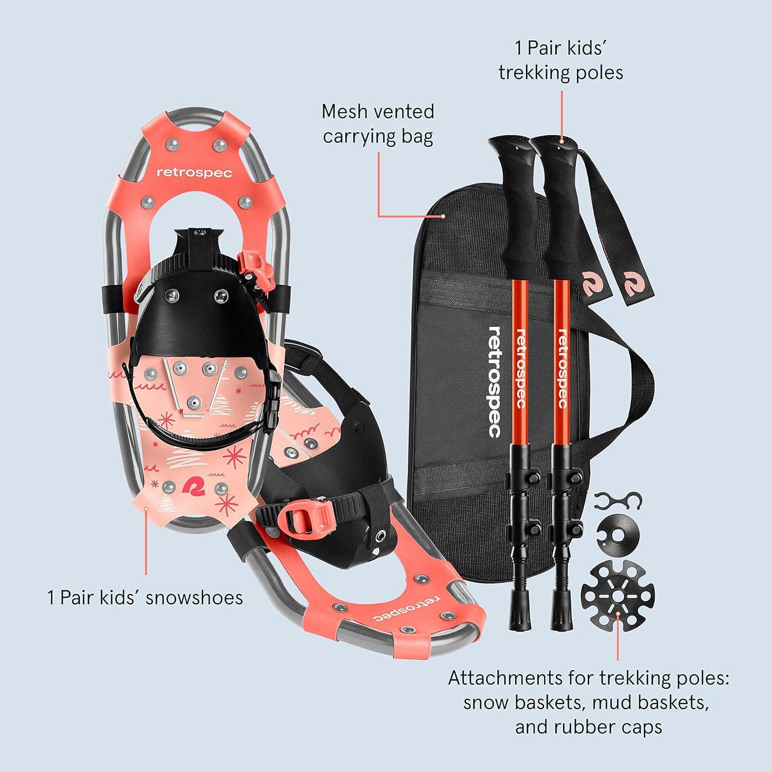Retrospec Drifter Kids Snowshoes Bundle with Adjustable Trekking Poles – Lightweight Aluminum Hiking Sticks Collapsible for Boys & Girls All Terrain – Walking Sticks with Carrying Bag(Blush)