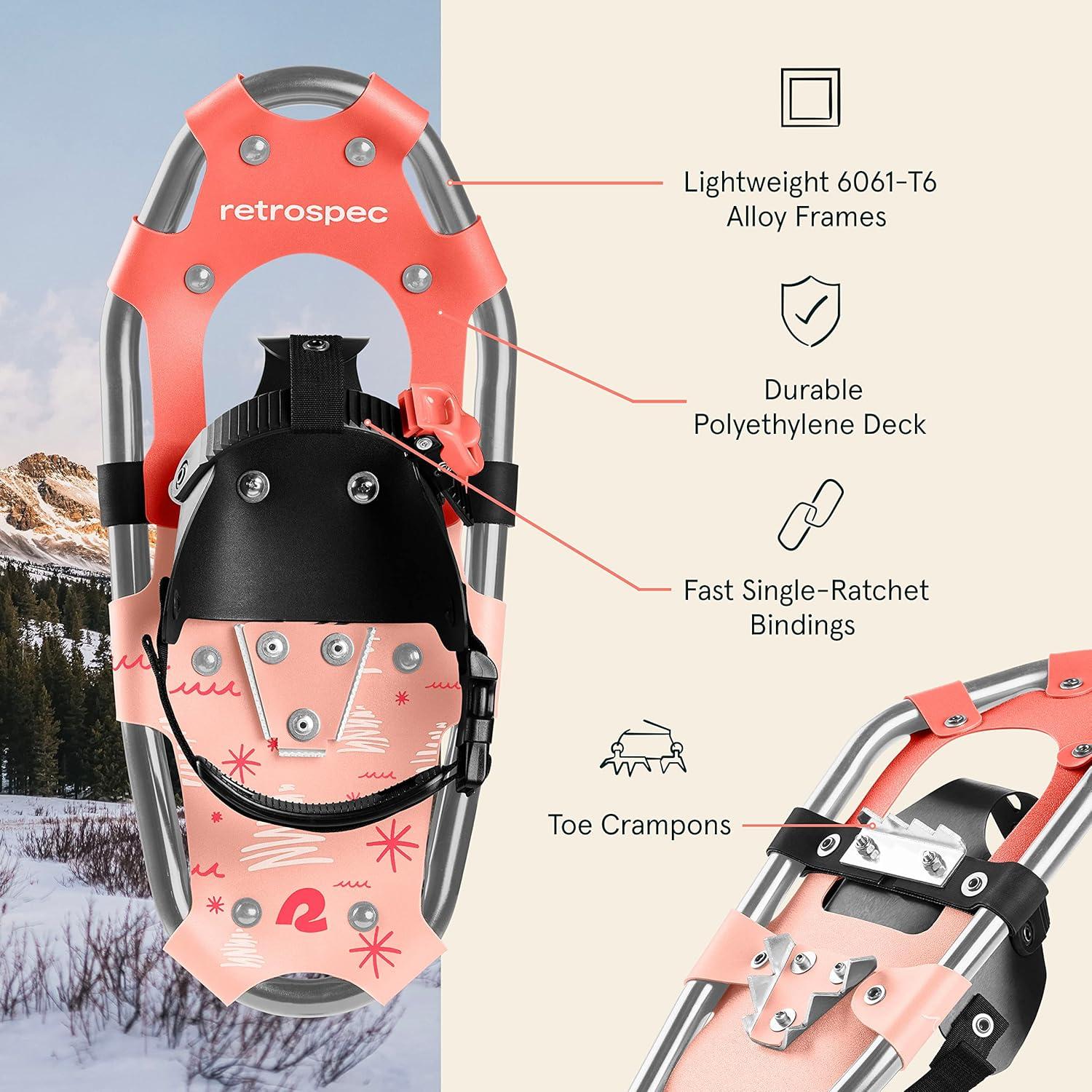 Retrospec Drifter Kids Snowshoes Bundle with Adjustable Trekking Poles – Lightweight Aluminum Hiking Sticks Collapsible for Boys & Girls All Terrain – Walking Sticks with Carrying Bag(Blush)
