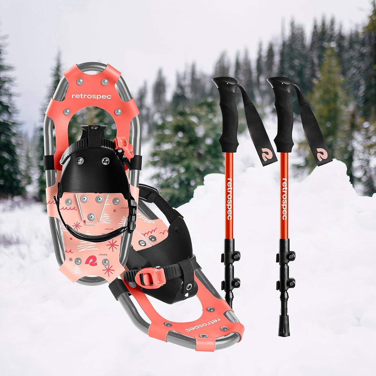 Retrospec Drifter Kids Snowshoes Bundle with Adjustable Trekking Poles – Lightweight Aluminum Hiking Sticks Collapsible for Boys & Girls All Terrain – Walking Sticks with Carrying Bag(Blush)