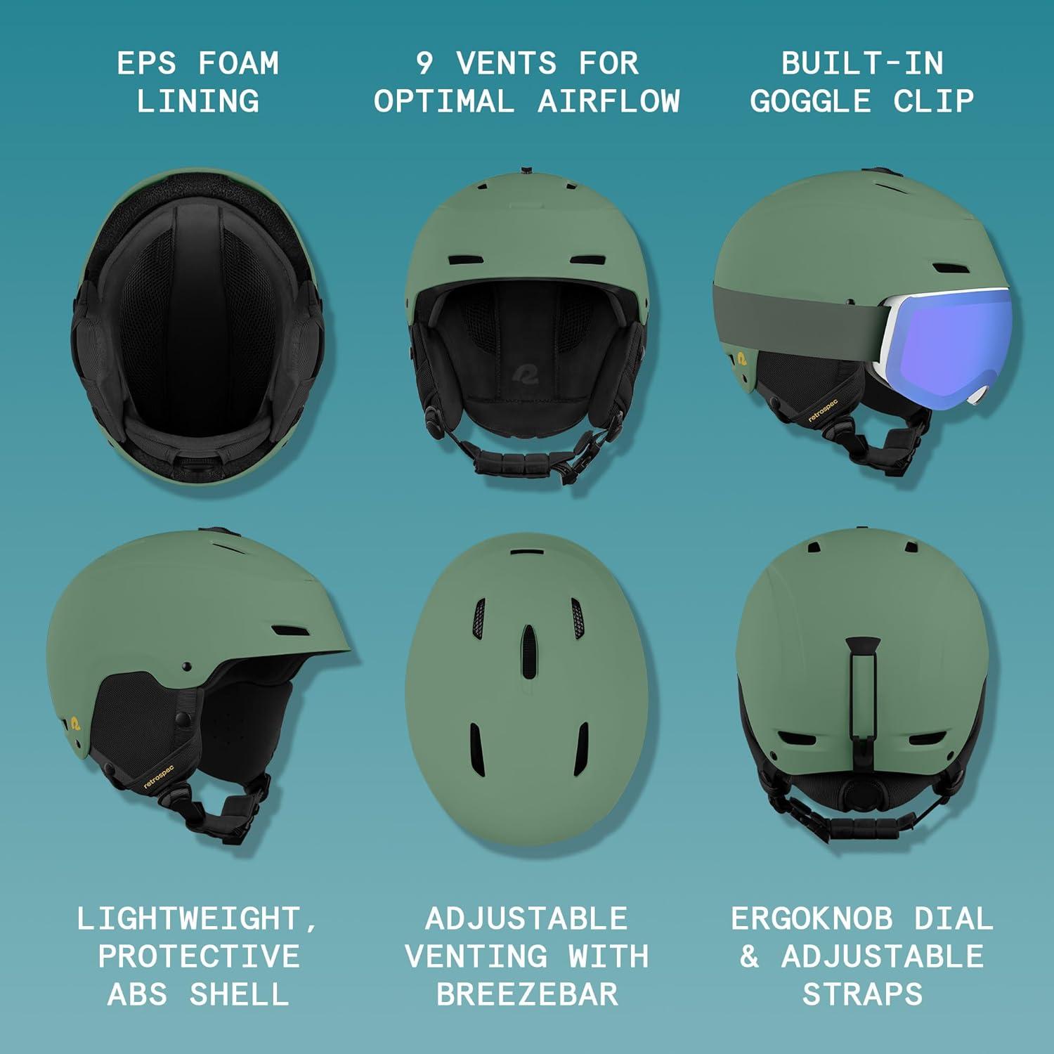 Retrospec Zephyr Ski Helmet – Snowboard Helmet for Adults & Youth with Adjustable Fit, 9 Breathable Vents, Removable Washable Earmuffs – Snow Sports Helmet for Men & Women(Matte Olive)
