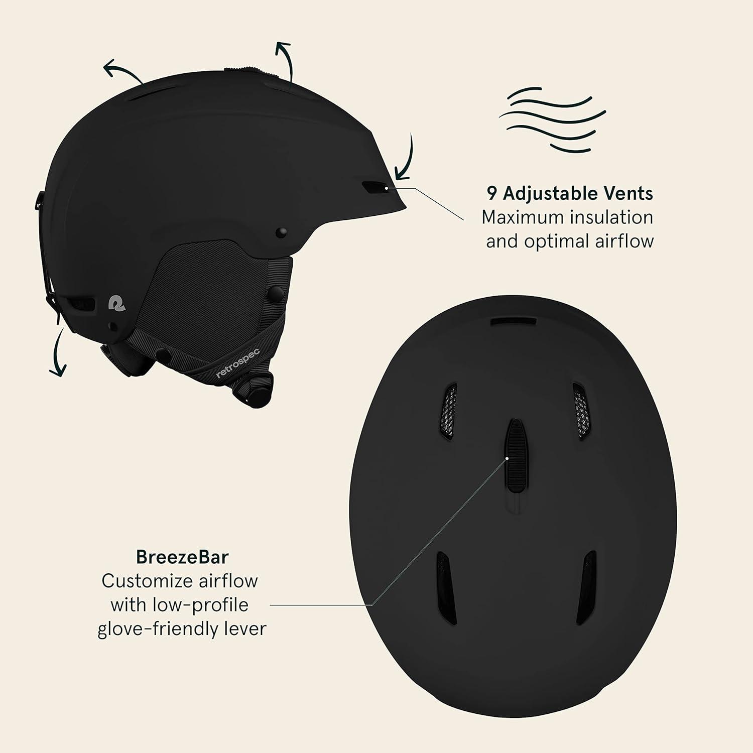 Retrospec Zephyr Ski Helmet – Snowboard Helmet for Adults & Youth with Adjustable Fit, 9 Breathable Vents, Removable Washable Earmuffs – Snow Sports Helmet for Men & Women(Matte Black)