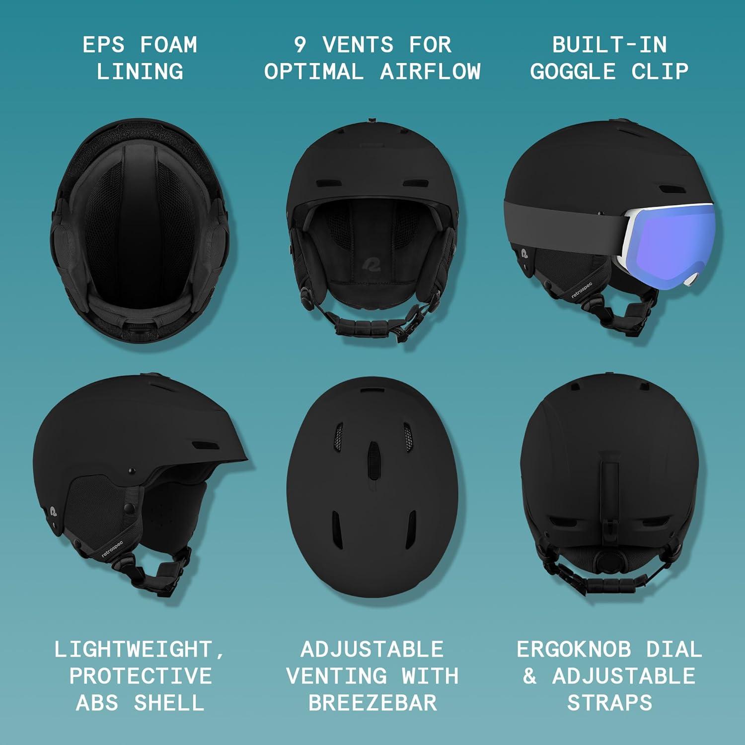 Retrospec Zephyr Ski Helmet – Snowboard Helmet for Adults & Youth with Adjustable Fit, 9 Breathable Vents, Removable Washable Earmuffs – Snow Sports Helmet for Men & Women(Matte Black)