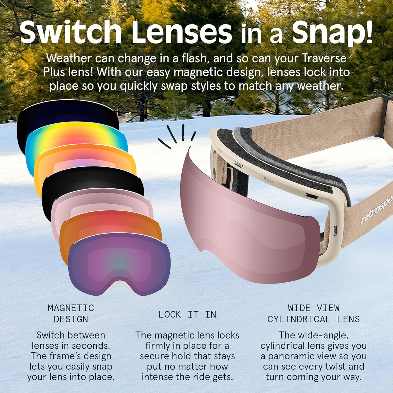 Retrospec Traverse Plus Ski & Snowboard Snow Goggles and Interchangeble Lenses for Men and Women, Anti-Fog and OTG Design(Matte Abalone/Pear)