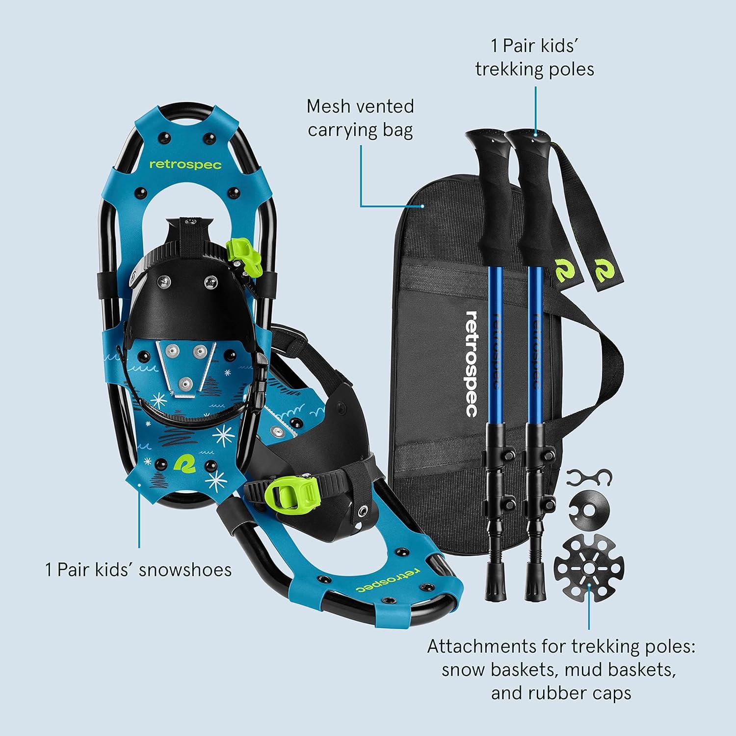 Retrospec Drifter Kids Snowshoes Bundle with Adjustable Trekking Poles – Lightweight Aluminum Hiking Sticks Collapsible for Boys & Girls All Terrain – Walking Sticks with Carrying Bag(Brash Blue)