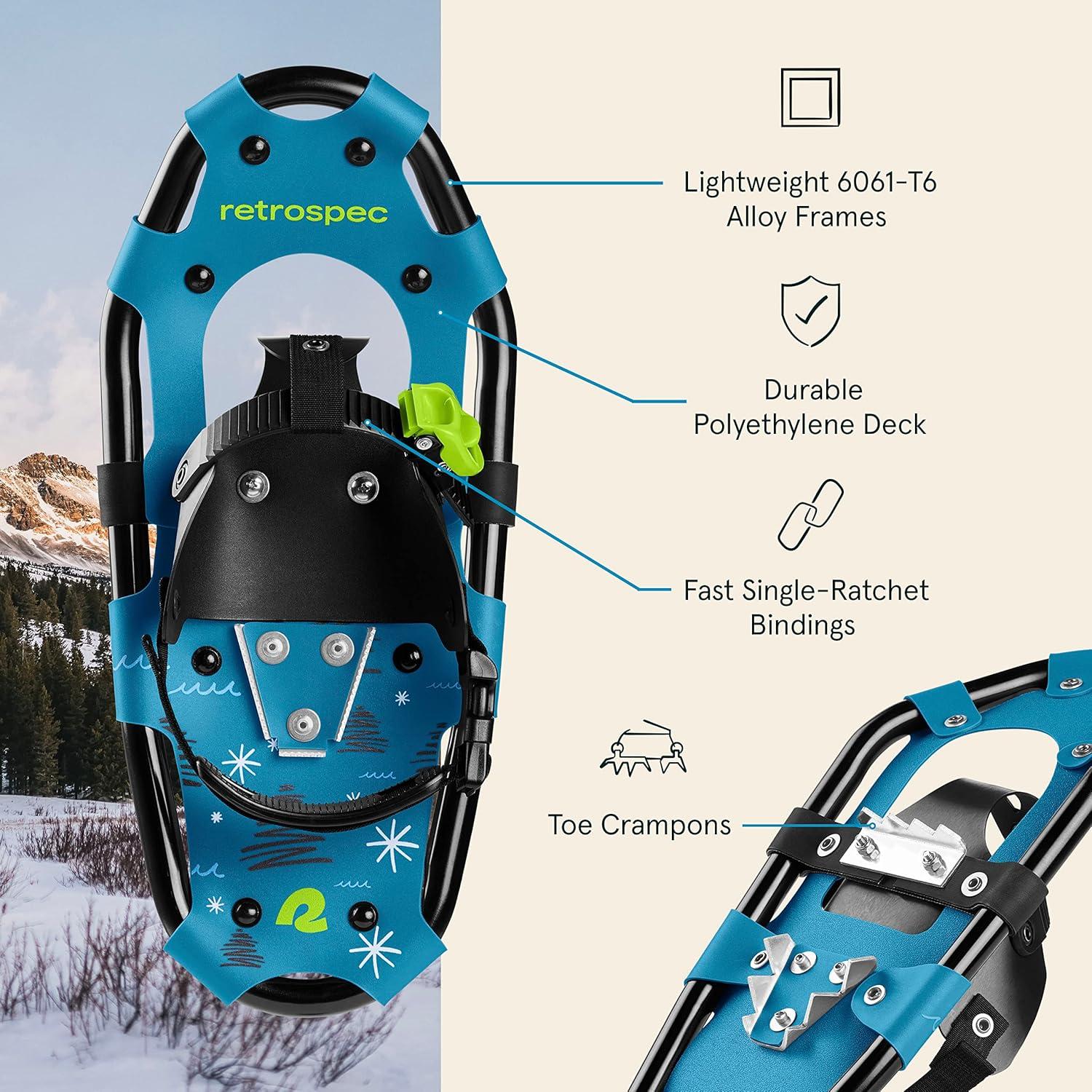 Retrospec Drifter Kids Snowshoes Bundle with Adjustable Trekking Poles – Lightweight Aluminum Hiking Sticks Collapsible for Boys & Girls All Terrain – Walking Sticks with Carrying Bag(Brash Blue)