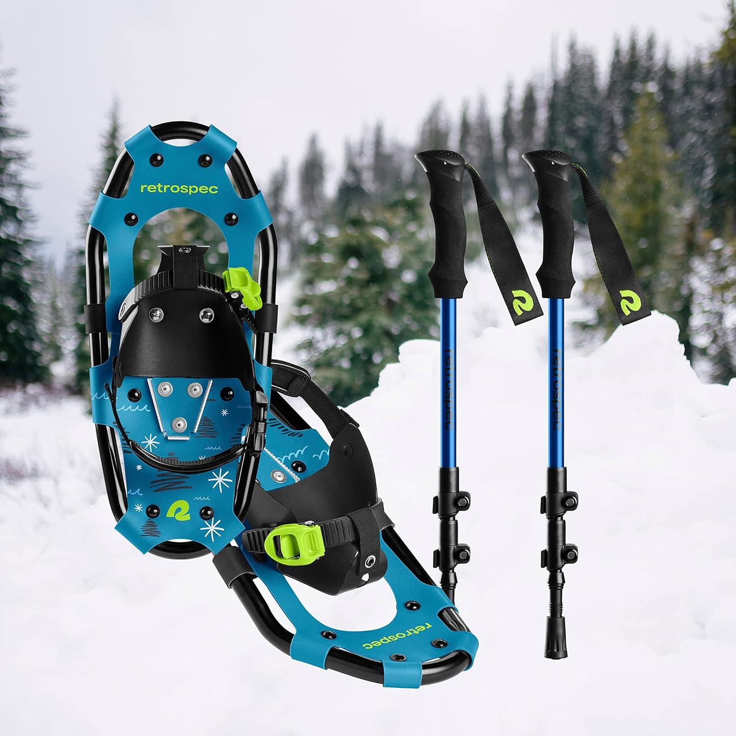Retrospec Drifter Kids Snowshoes Bundle with Adjustable Trekking Poles – Lightweight Aluminum Hiking Sticks Collapsible for Boys & Girls All Terrain – Walking Sticks with Carrying Bag(Brash Blue)