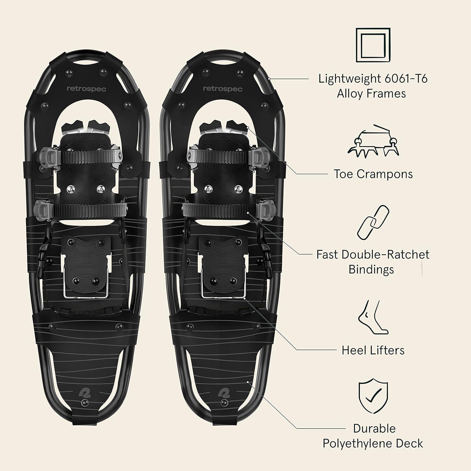 Retrospec Drifter Snowshoes for Women & Men – Lightweight Aluminum Frame Snow Shoes with Double Ratchet Binding System, Heel Lifts & Carry Bag for All Terrain Hiking & Winter Sports(Black Ice)