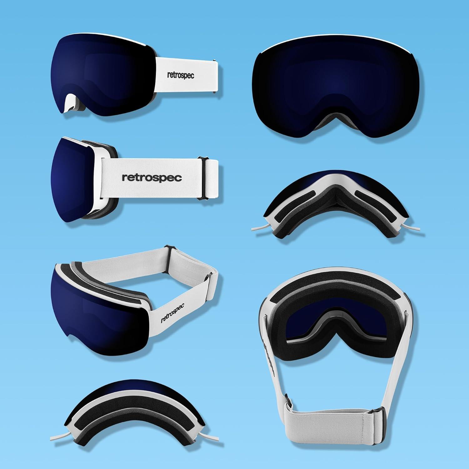 Retrospec Traverse Plus Ski & Snowboard Snow Goggles and Interchangeble Lenses for Men and Women, Anti-Fog and OTG Design(Matte White/Sapphire)