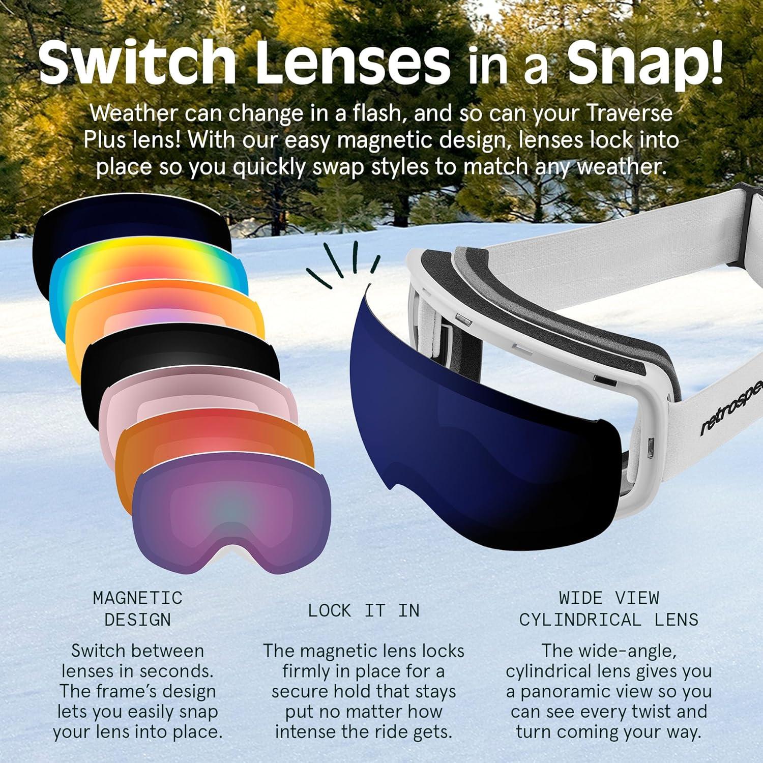 Retrospec Traverse Plus Ski & Snowboard Snow Goggles and Interchangeble Lenses for Men and Women, Anti-Fog and OTG Design(Matte White/Sapphire)