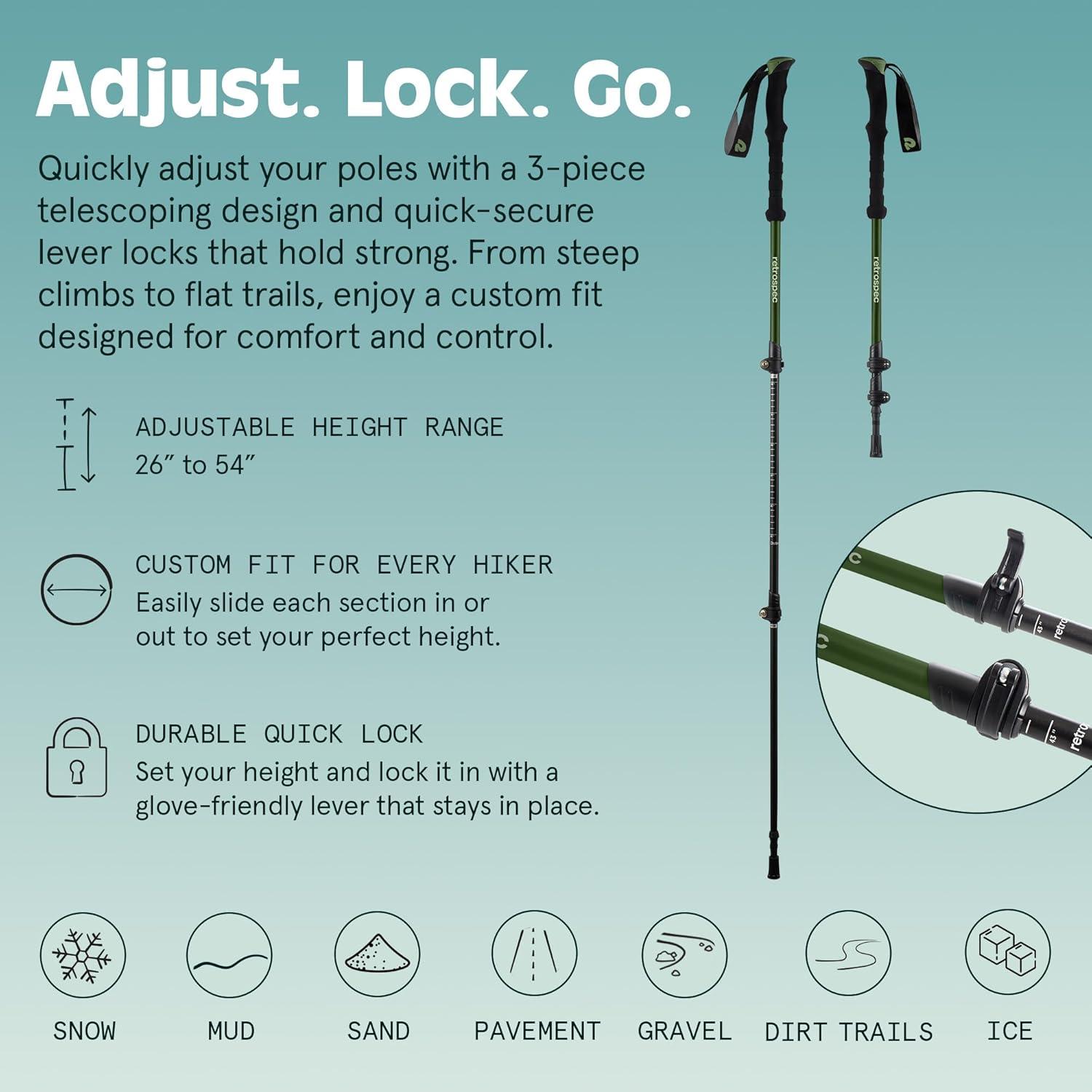 Retrospec Solstice Hiking Poles for Men & Women – Adjustable and Collapsible Lightweight Walking & Trekking Sticks – Aluminum w/Cork or Foam Grip(Matte Forest)