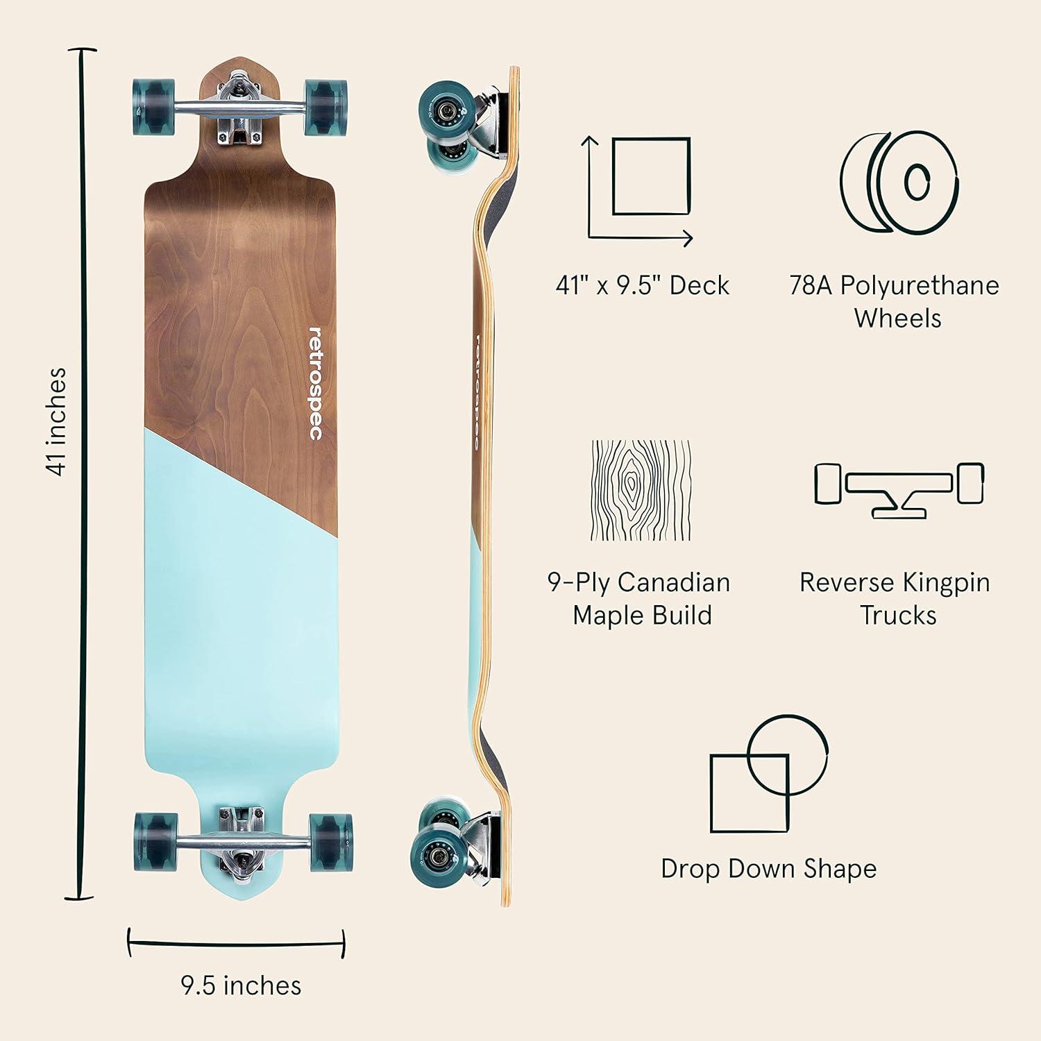 Retrospec Tidal Drop Down Longboard – 41″ Extra Wide Stable Deck, 9-Ply Canadian Maple, ABEC-9 Bearings, 85A PU Wheels, Reverse Kingpin Trucks for Cruising & Downhill(Aqua Edge)