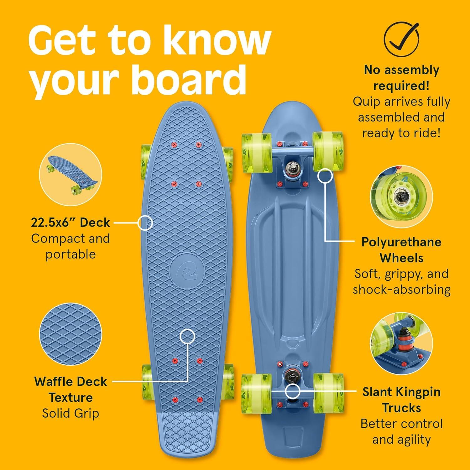 Retrospec Quip Mini Cruiser Skateboard 22.5″ Classic Retro Plastic Cruiser Complete Skateboard with ABEC 7 Bearings and PU Wheels Compact Board w/Grippy, Molded Waffle Deck(Marine Blue)