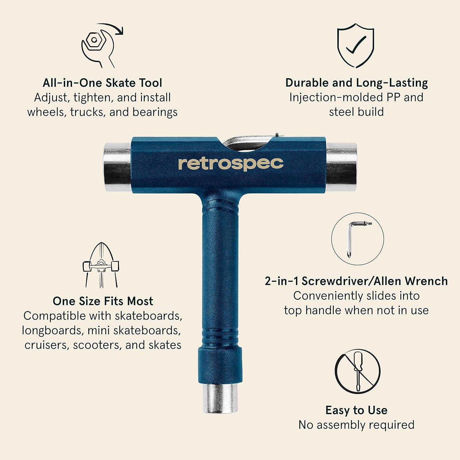 Retrospec Upkeep All-in-One Multi-Function Portable Skate Tool with 2-in-1 Allen Wrench & Phillips Head Screwdriver for Adjusting and Tightening Skateboard/Longboard Wheels, Trucks, and Kingpins(Navy)