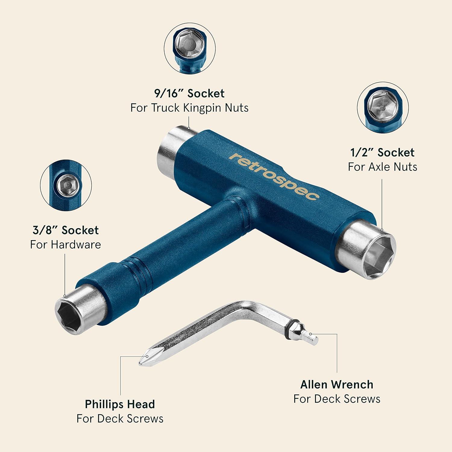 Retrospec Upkeep All-in-One Multi-Function Portable Skate Tool with 2-in-1 Allen Wrench & Phillips Head Screwdriver for Adjusting and Tightening Skateboard/Longboard Wheels, Trucks, and Kingpins(Navy)
