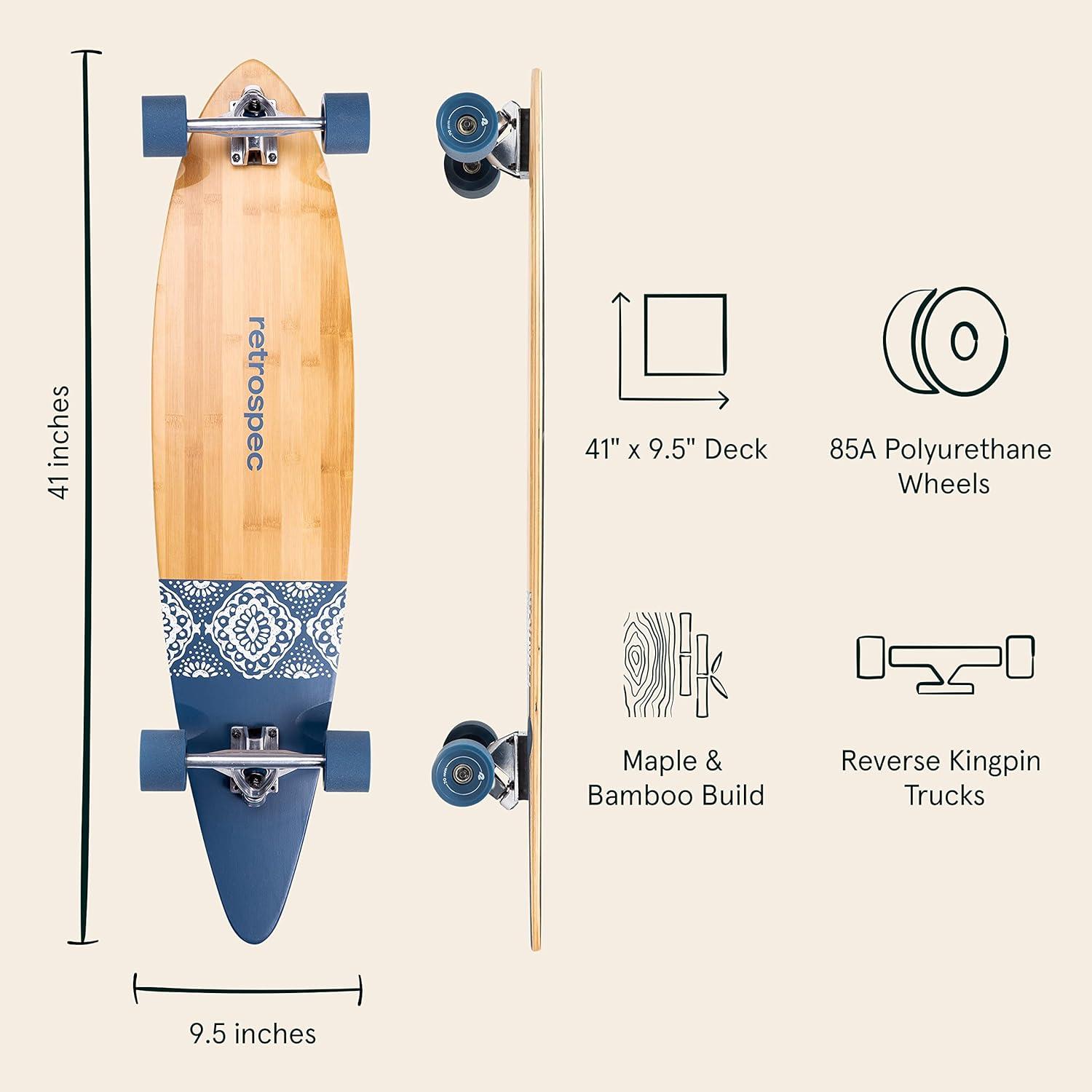 Retrospec Zed Pintail & Cruiser Longboard Adult Skateboard – 44in Bamboo & Canadian Maple Deck with ABEC-7 Bearings, 70mm PU Wheels for Commuting & Carving(Navy Paisley)