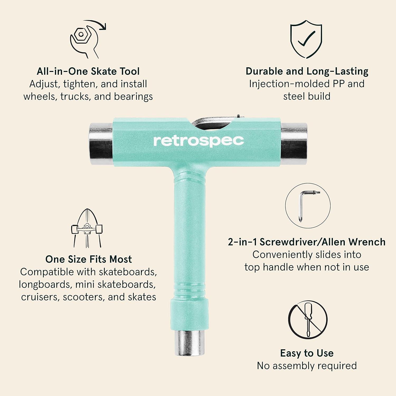 Retrospec Upkeep All-in-One Multi-Function Portable Skate Tool with 2-in-1 Allen Wrench & Phillips Head Screwdriver for Adjusting and Tightening Skateboard/Longboard Wheels, Trucks, and Kingpins(Aqua)