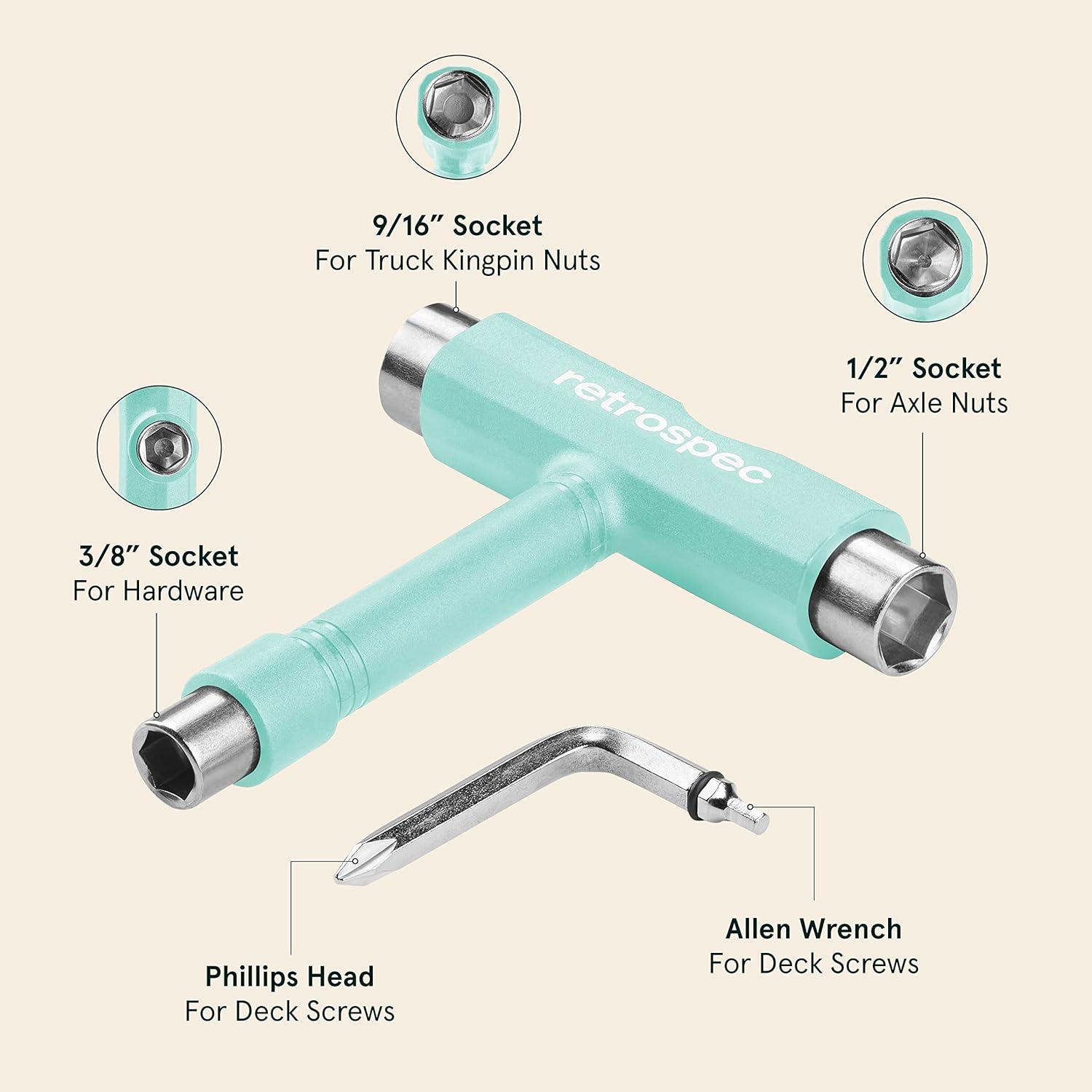 Retrospec Upkeep All-in-One Multi-Function Portable Skate Tool with 2-in-1 Allen Wrench & Phillips Head Screwdriver for Adjusting and Tightening Skateboard/Longboard Wheels, Trucks, and Kingpins(Aqua)