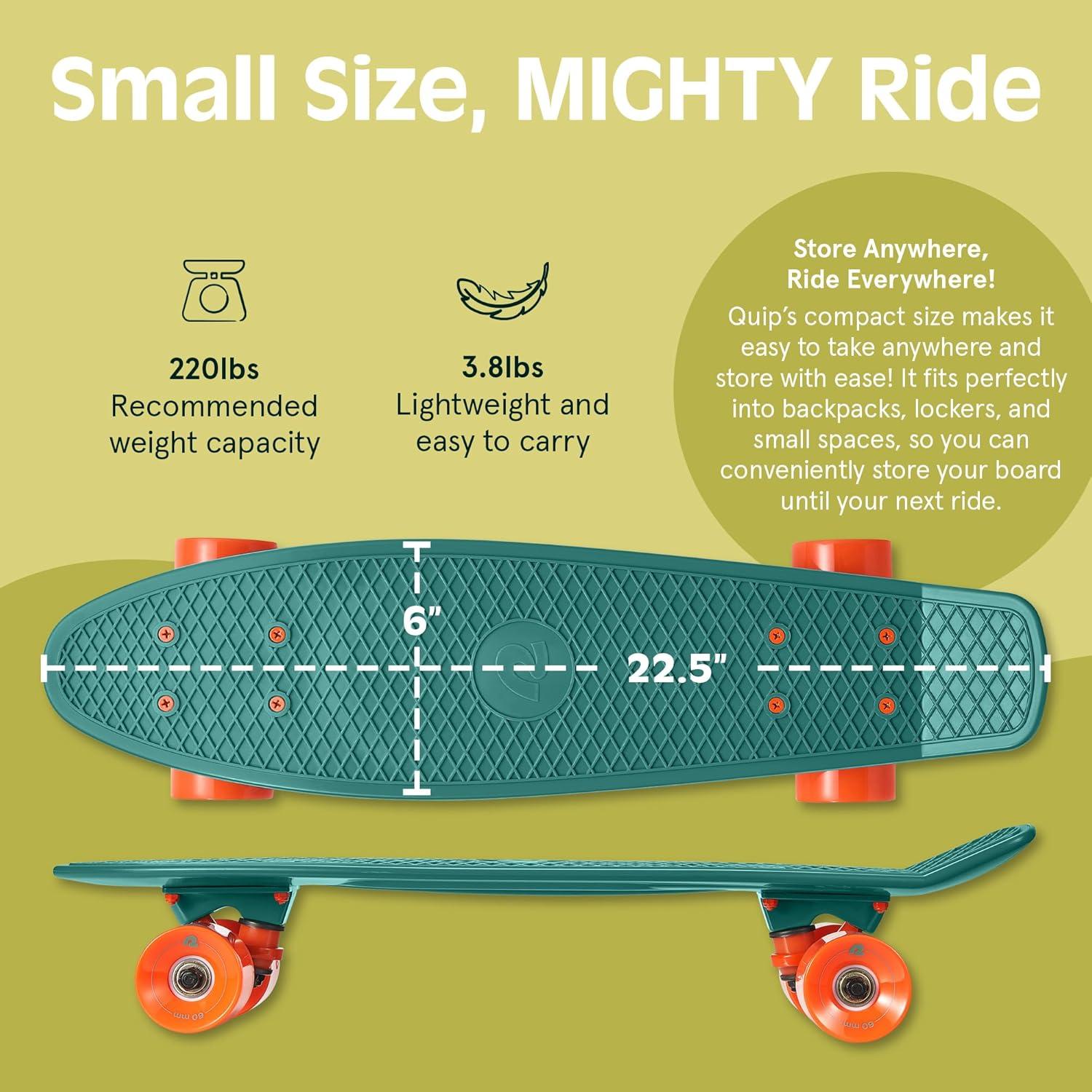 Retrospec Quip Mini Cruiser Skateboard 22.5″ Classic Retro Plastic Cruiser Complete Skateboard with ABEC 7 Bearings and PU Wheels Compact Board w/Grippy, Molded Waffle Deck(Tropical Teal)