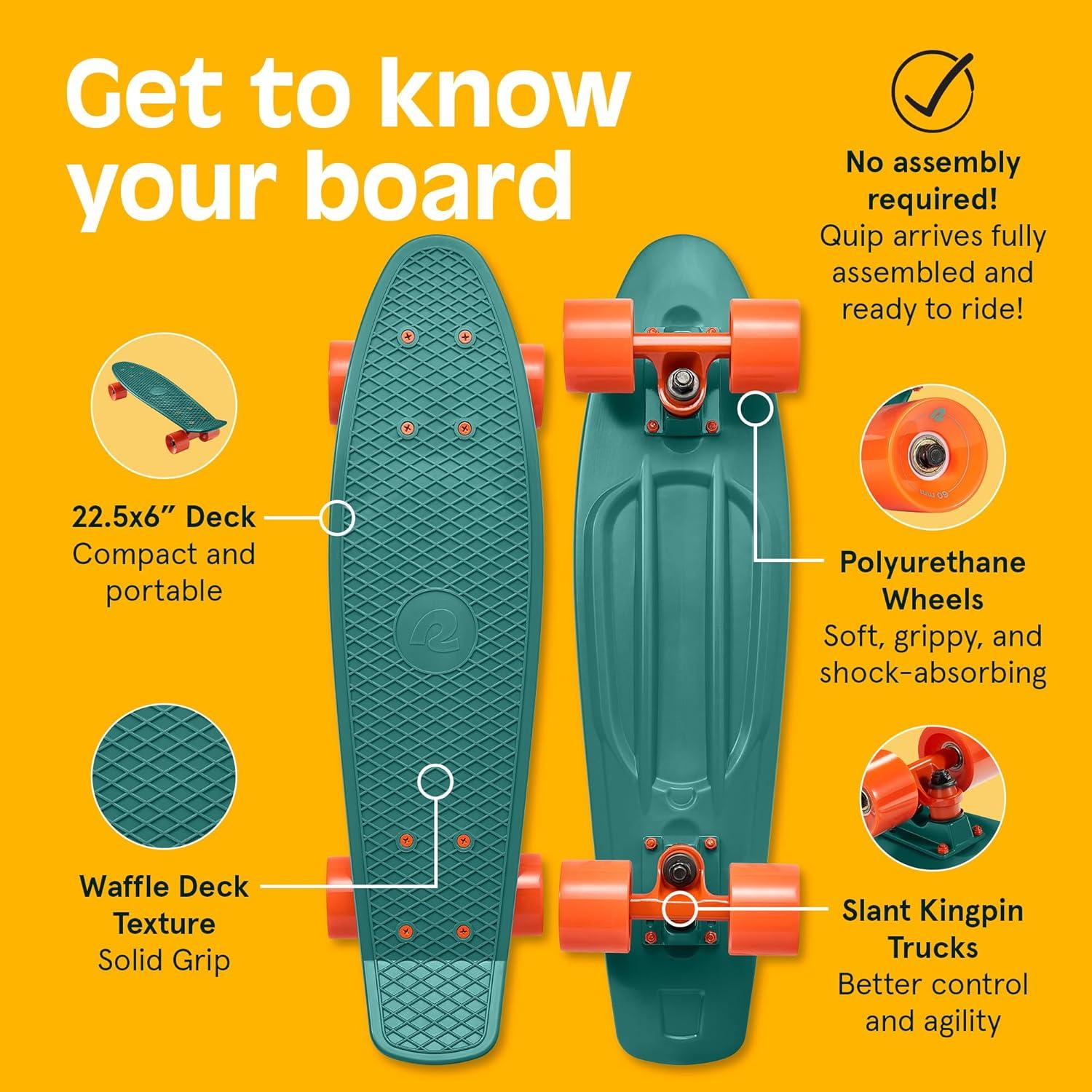 Retrospec Quip Mini Cruiser Skateboard 22.5″ Classic Retro Plastic Cruiser Complete Skateboard with ABEC 7 Bearings and PU Wheels Compact Board w/Grippy, Molded Waffle Deck(Tropical Teal)
