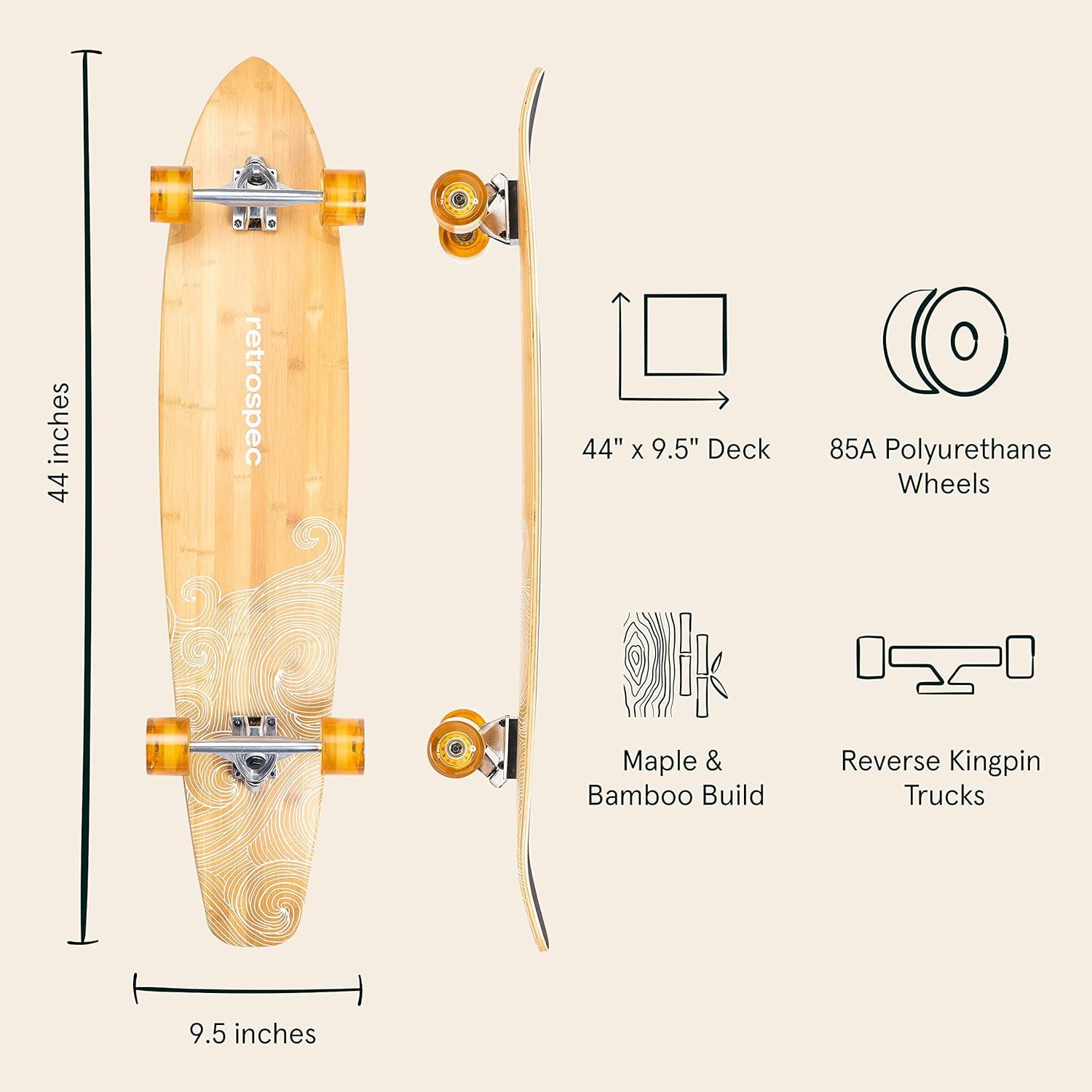 Retrospec Zed Pintail & Cruiser Longboard Adult Skateboard – 44in Bamboo & Canadian Maple Deck with ABEC-7 Bearings, 70mm PU Wheels for Commuting & Carving(Riptide)