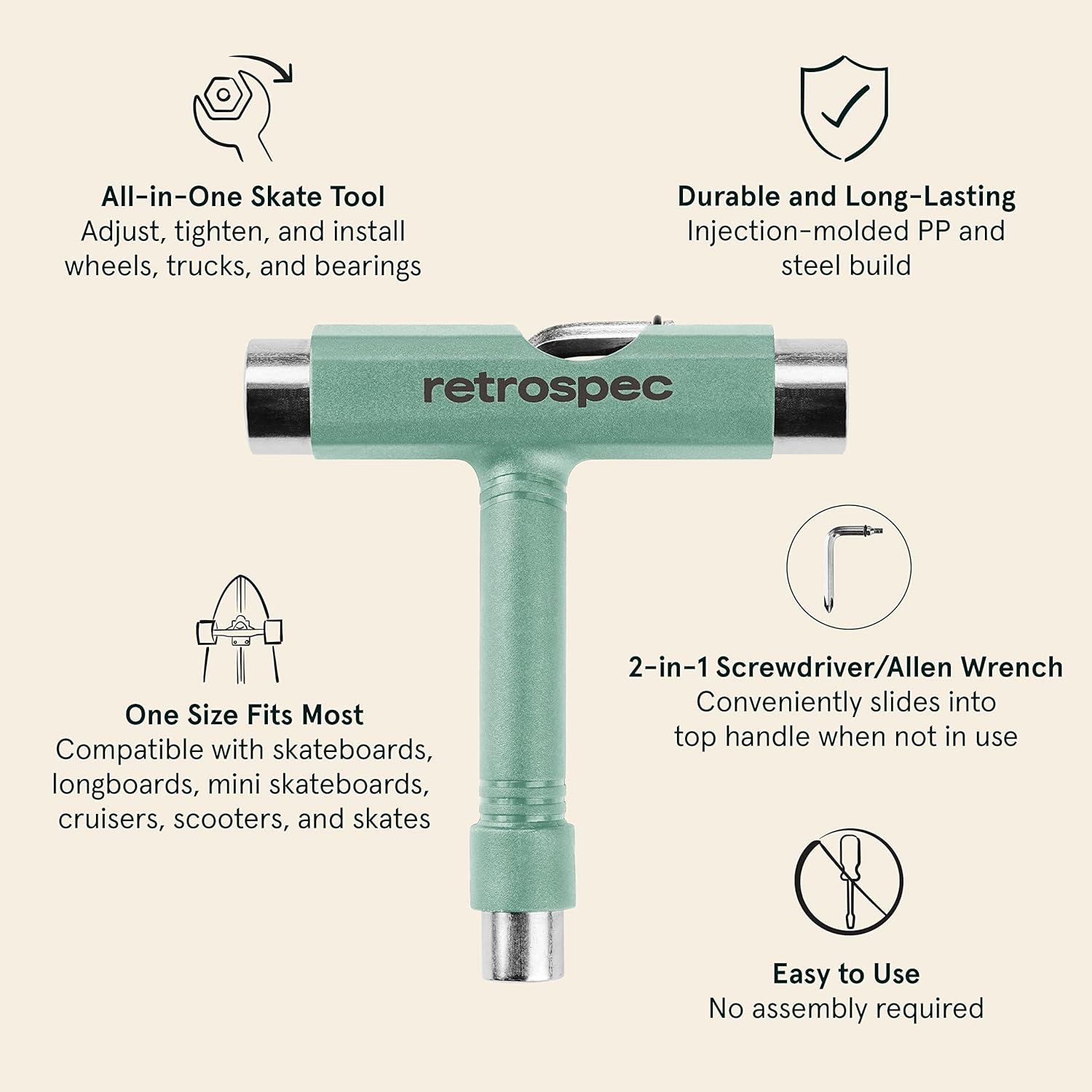 Retrospec Upkeep All-in-One Multi-Function Portable Skate Tool with 2-in-1 Allen Wrench & Phillips Head Screwdriver for Adjusting and Tightening Skateboard/Longboard Wheels, Trucks, and Kingpins(Matcha)