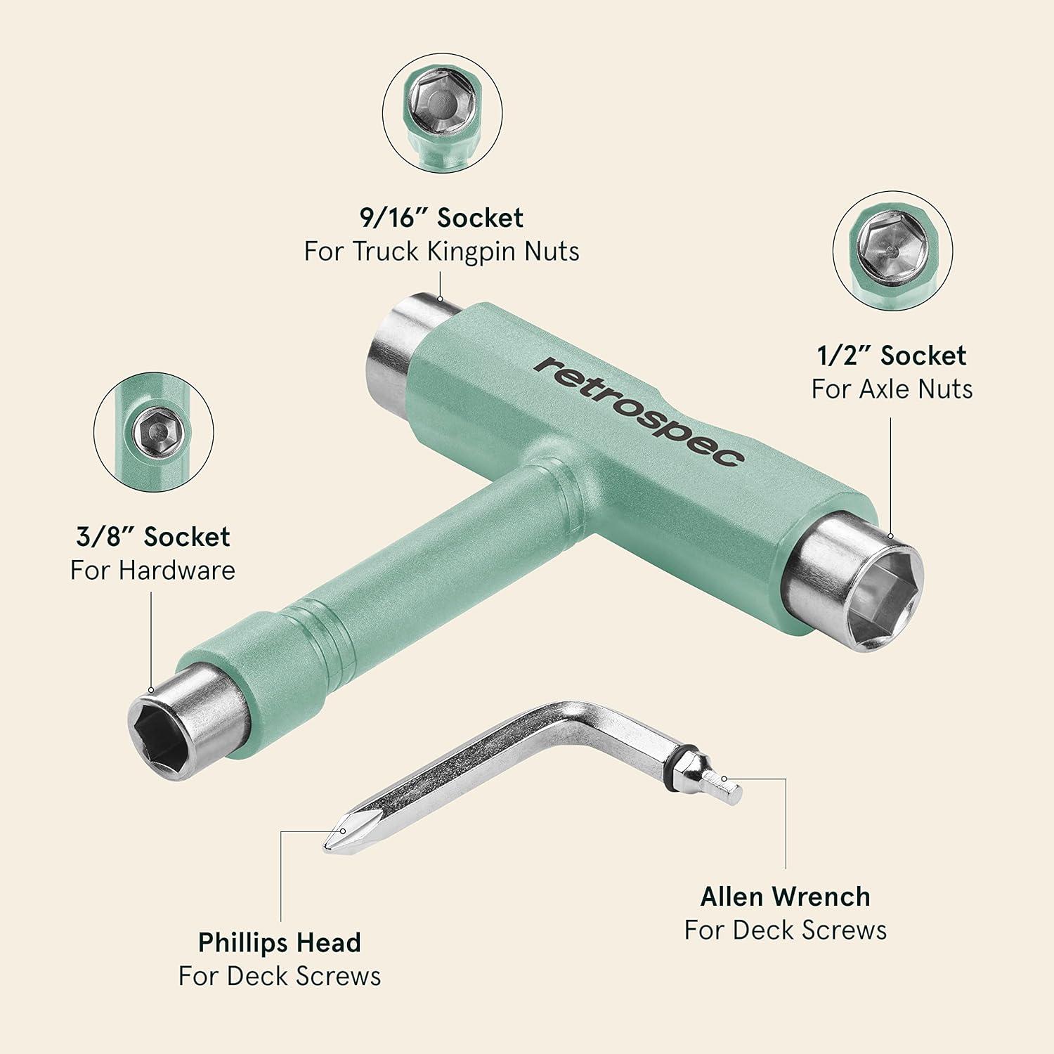 Retrospec Upkeep All-in-One Multi-Function Portable Skate Tool with 2-in-1 Allen Wrench & Phillips Head Screwdriver for Adjusting and Tightening Skateboard/Longboard Wheels, Trucks, and Kingpins(Matcha)