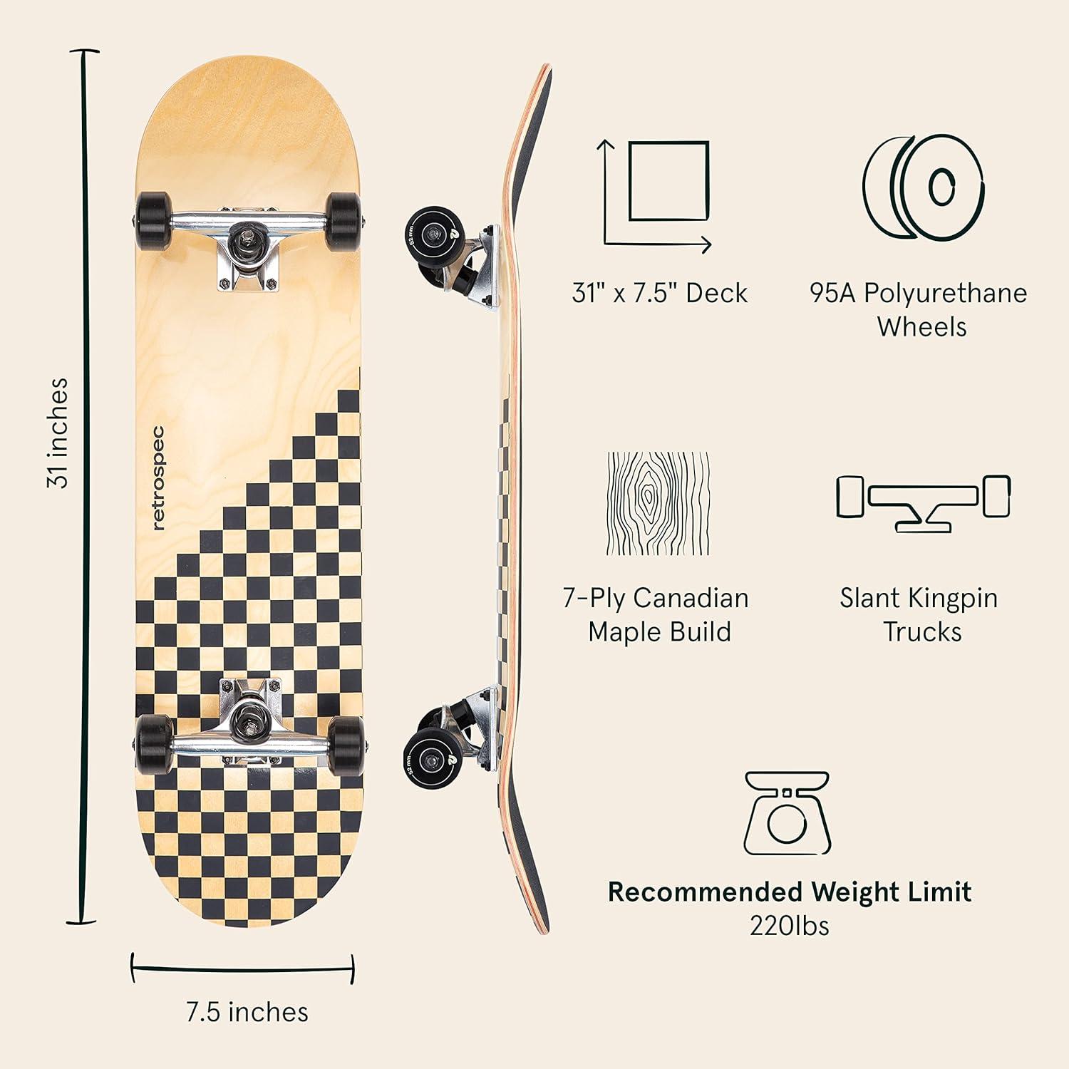 Retrospec Alameda Skateboard Complete | Canadian Maple Wood Deck w/ 5.5 Inch Aluminum Alloy Trucks for Commuting, Cruising, Carving & Downhill Riding(Black Checker)