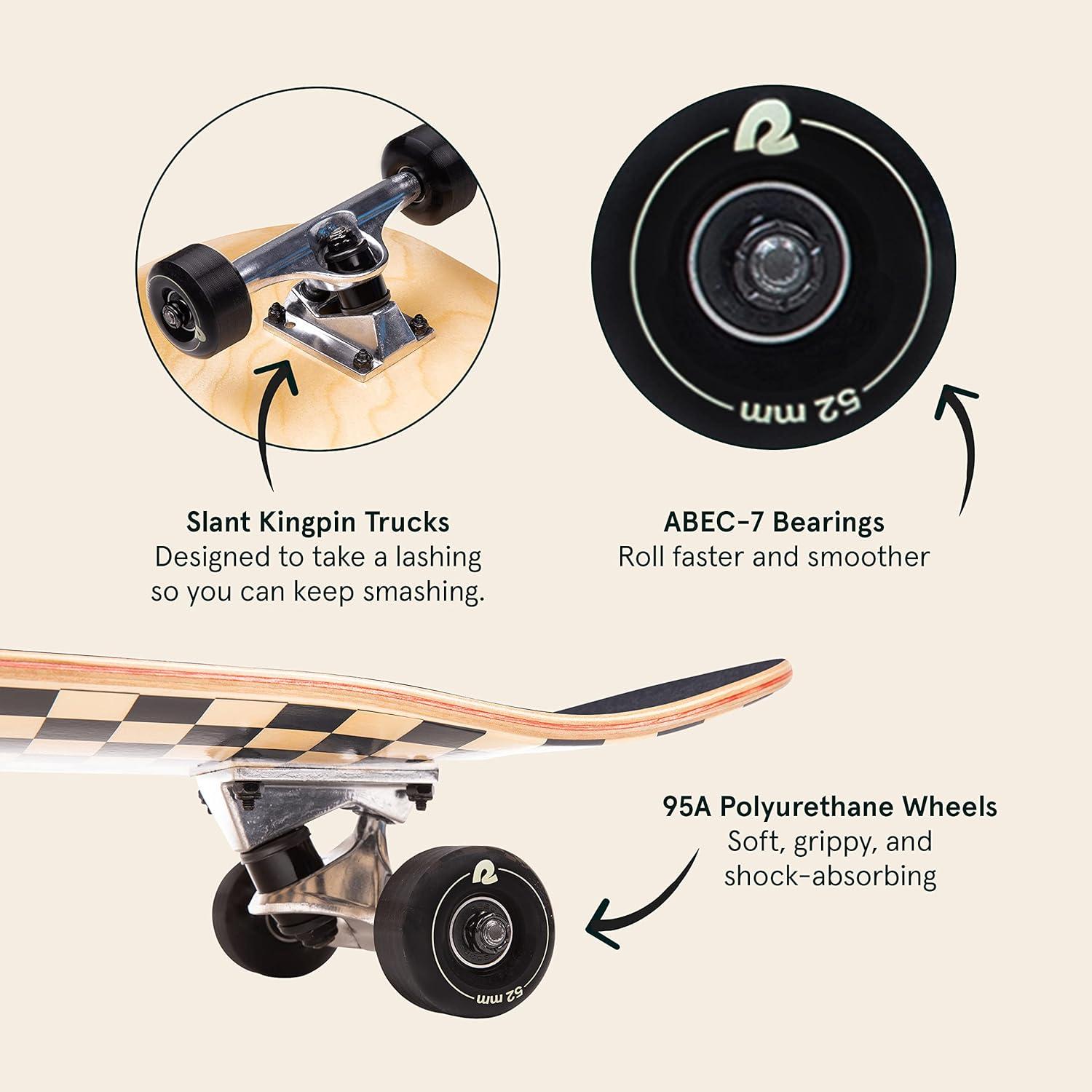 Retrospec Alameda Skateboard Complete | Canadian Maple Wood Deck w/ 5.5 Inch Aluminum Alloy Trucks for Commuting, Cruising, Carving & Downhill Riding(Black Checker)
