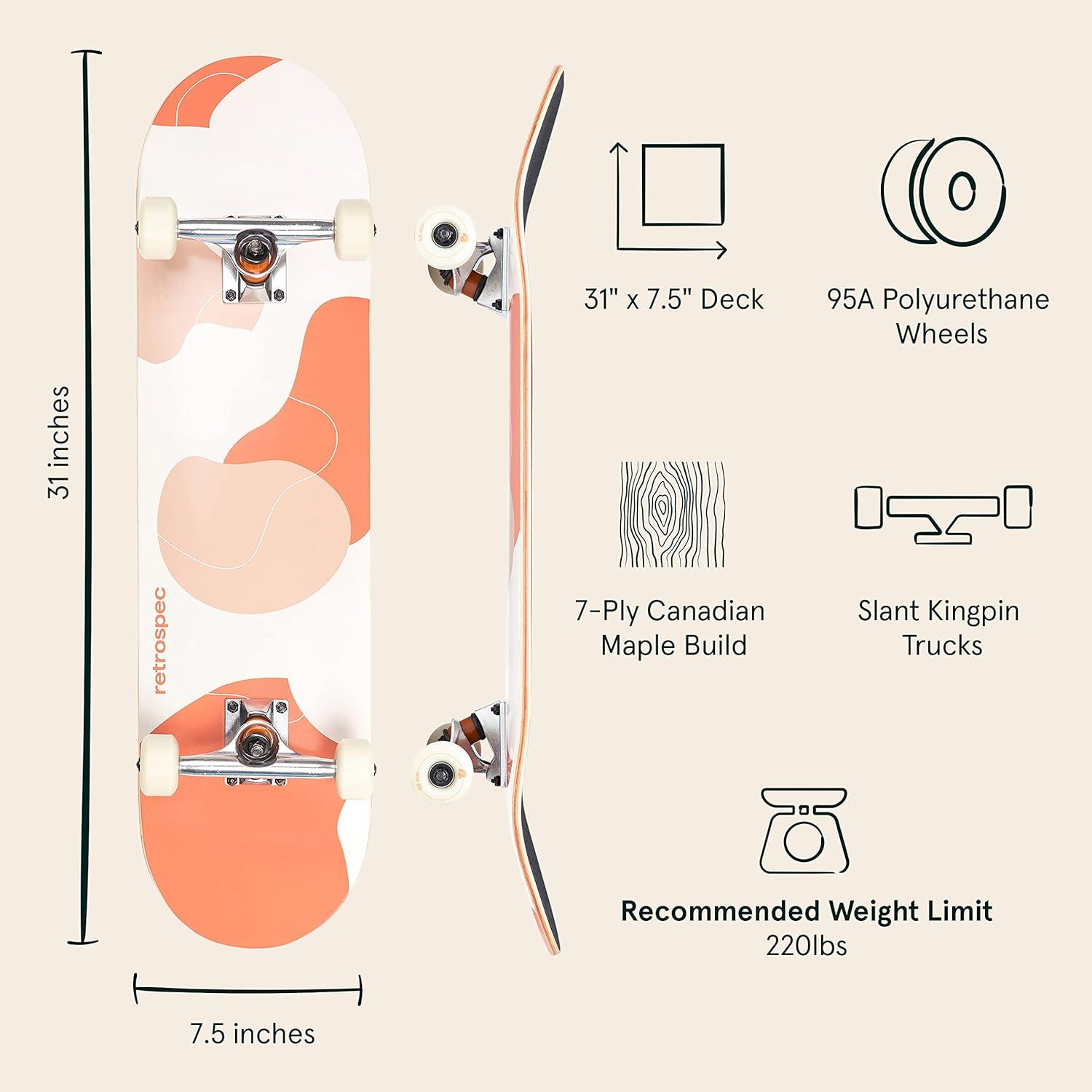 Retrospec Alameda Skateboard Complete | Canadian Maple Wood Deck w/ 5.5 Inch Aluminum Alloy Trucks for Commuting, Cruising, Carving & Downhill Riding(Modern Terracota)