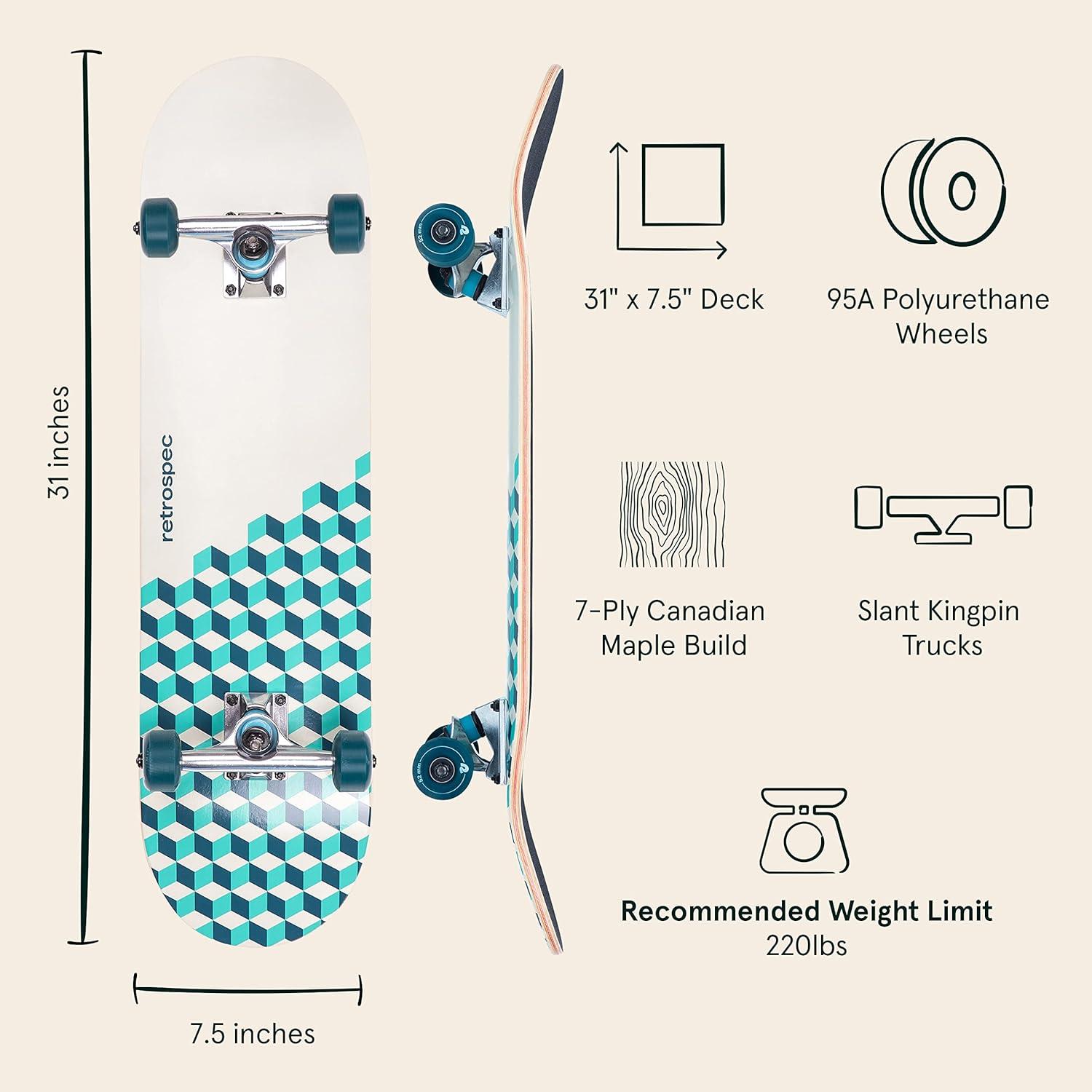 Retrospec Alameda Skateboard Complete | Canadian Maple Wood Deck w/ 5.5 Inch Aluminum Alloy Trucks for Commuting, Cruising, Carving & Downhill Riding(Marine Isometric)