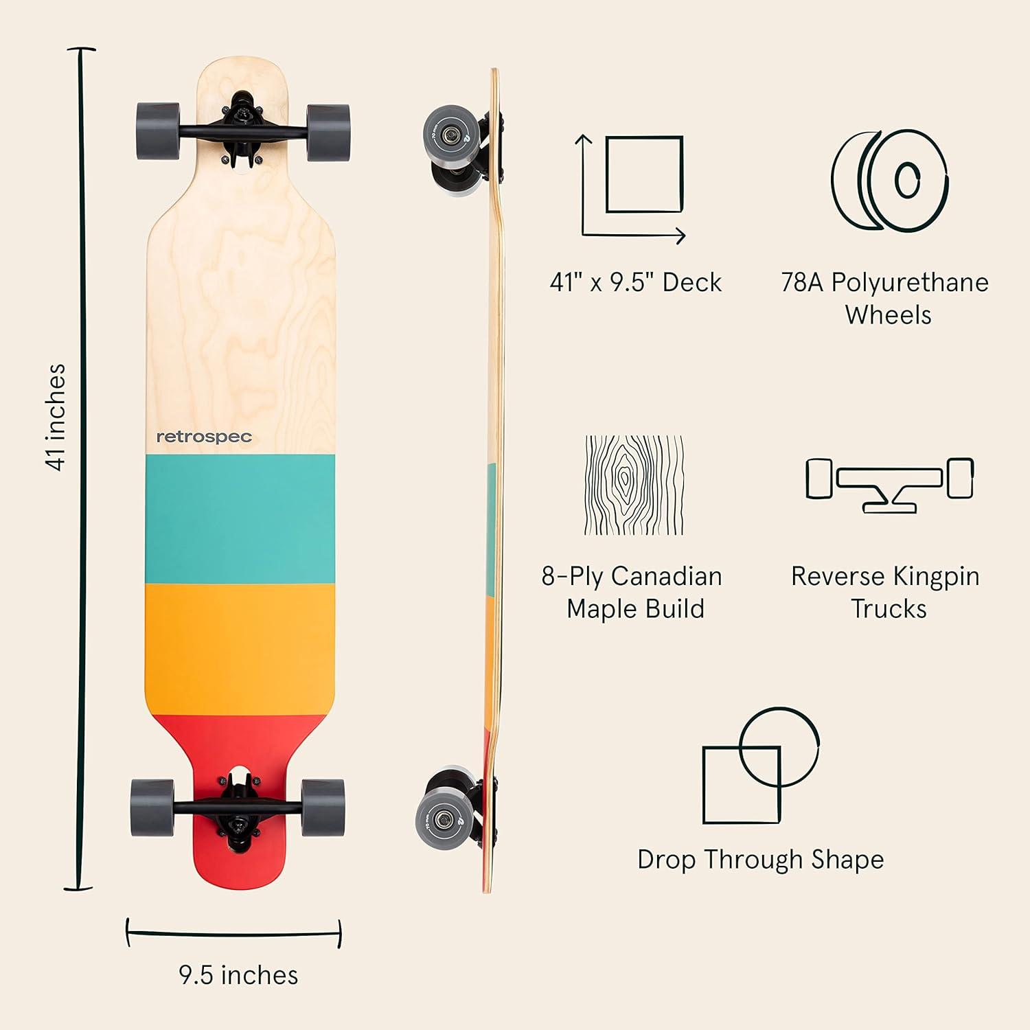 Retrospec Rift Drop-Through Longboard Skateboard Complete Canadian Maple Wood Cruiser w/Drop-Through Trucks for Commuting, Cruising, Carving & Downhill Riding(Zion)