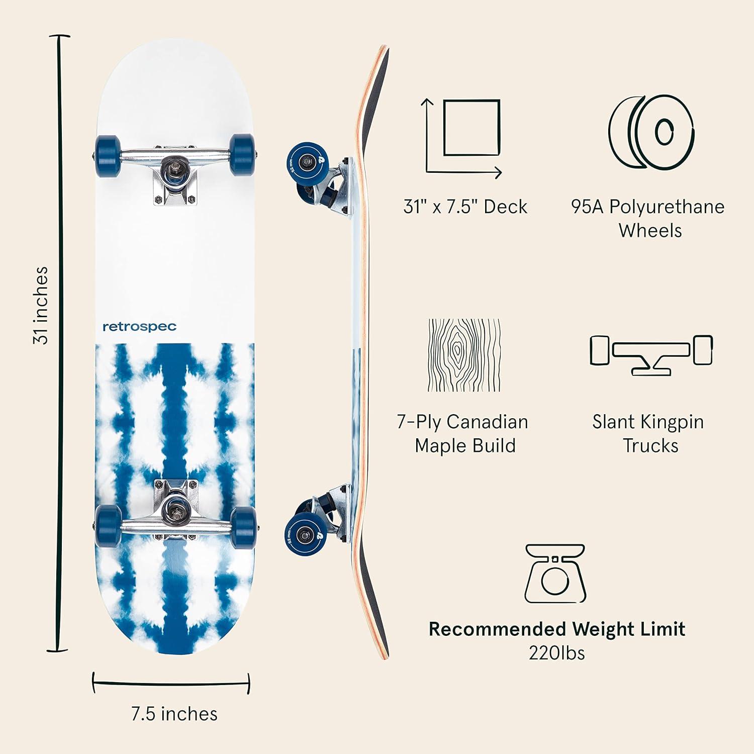 Retrospec Alameda Skateboard Complete | Canadian Maple Wood Deck w/ 5.5 Inch Aluminum Alloy Trucks for Commuting, Cruising, Carving & Downhill Riding(Azul Mist)