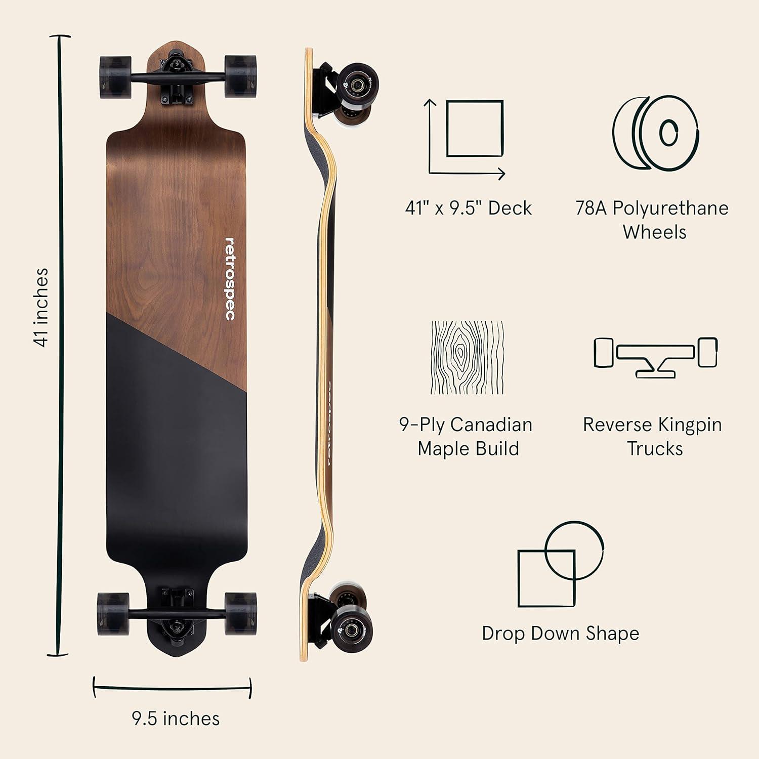 Retrospec Tidal Drop Down Longboard – 41″ Extra Wide Stable Deck, 9-Ply Canadian Maple, ABEC-9 Bearings, 85A PU Wheels, Reverse Kingpin Trucks for Cruising & Downhill(Black Edge)
