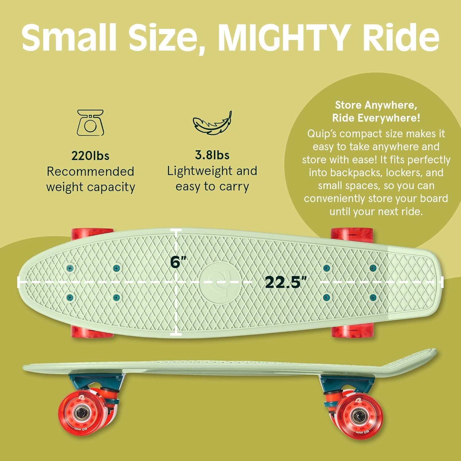 Retrospec Quip Mini Cruiser Skateboard 22.5″ Classic Retro Plastic Cruiser Complete Skateboard with ABEC 7 Bearings and PU Wheels Compact Board w/Grippy, Molded Waffle Deck(Green Tea)