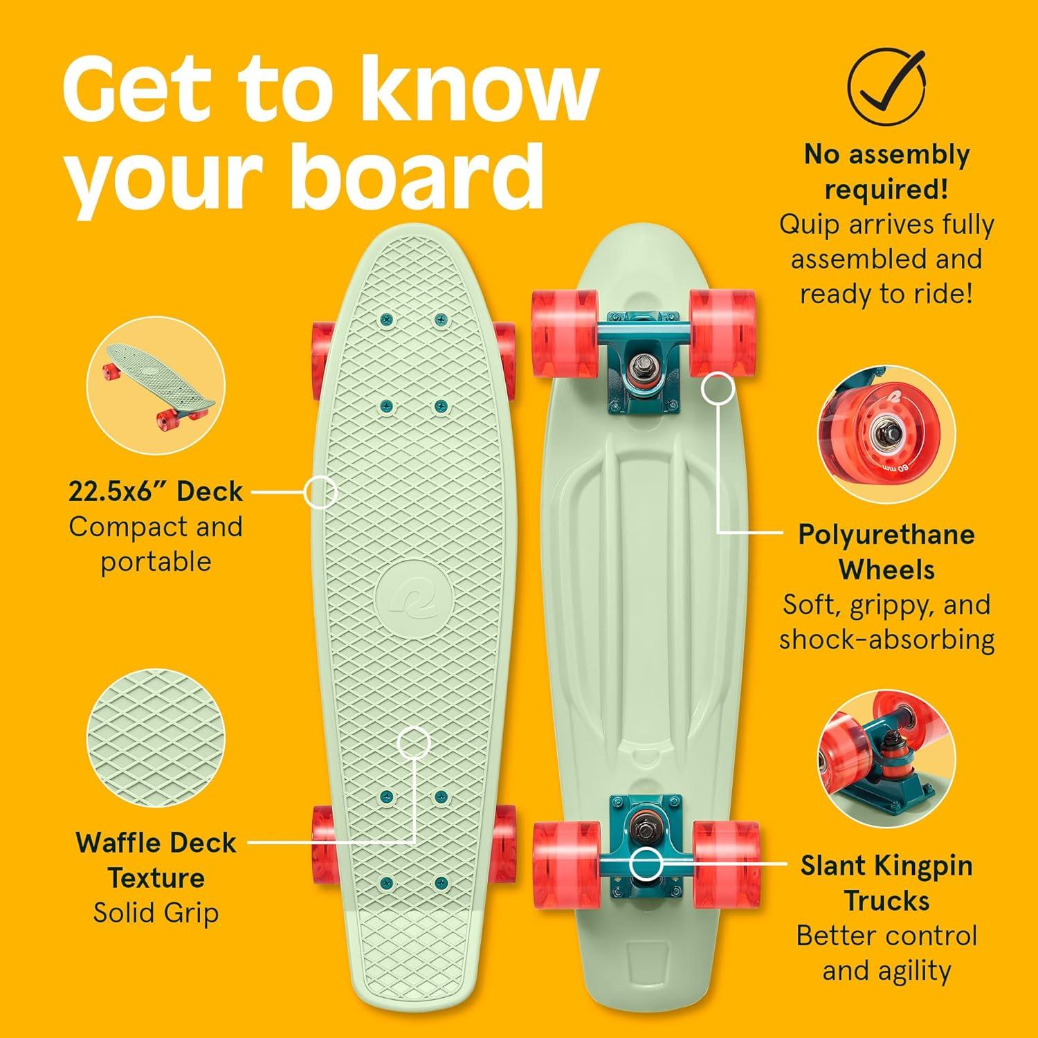 Retrospec Quip Mini Cruiser Skateboard 22.5″ Classic Retro Plastic Cruiser Complete Skateboard with ABEC 7 Bearings and PU Wheels Compact Board w/Grippy, Molded Waffle Deck(Green Tea)